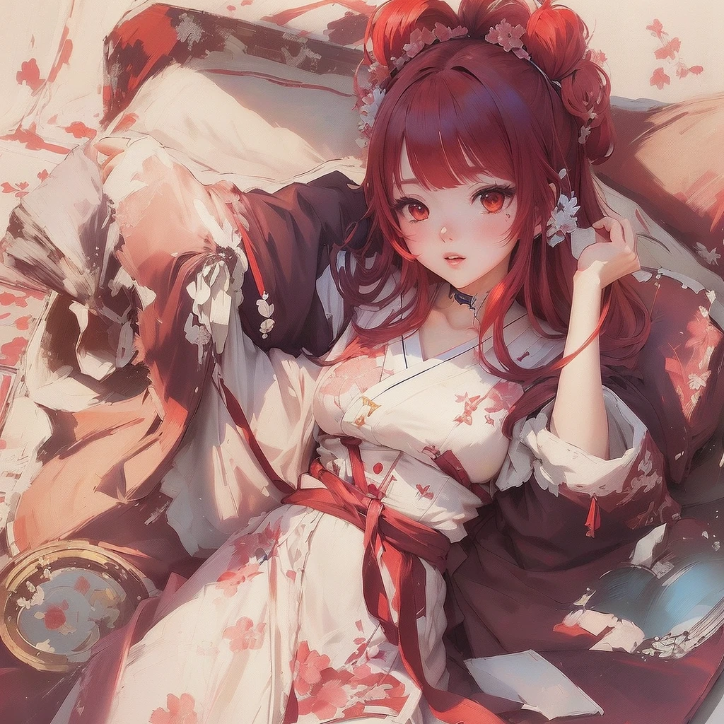 Anime girl with red hair and white dress sitting on bed, Gwaiz, Anime Style 4k, Gwaiz on pixiv artstation, Gwaiz on artstation pixiv, everyone, Anime Art Wallpapers 8K, anime art wallpaper 4k, anime art wallpaper 4k, The Detailed Art of the Onmyoji, by Shimo