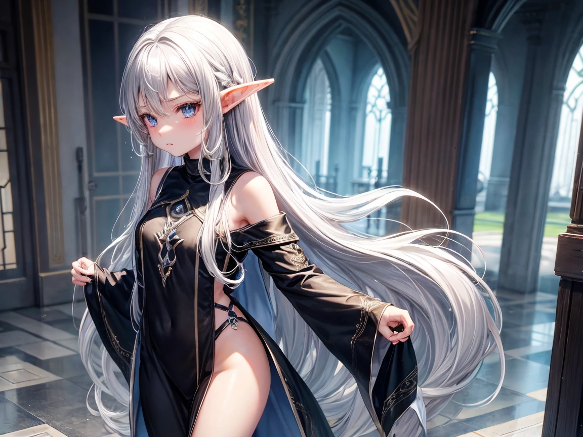 Elf Girl、8-year-old、Medium-long silver hair、Silver Eyes、Big black t-shirt、No bottoms worn、barefoot、Seductive expression、whole body、Standing posture