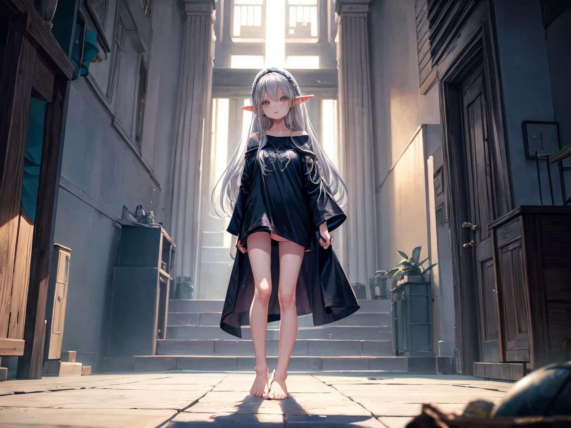Elf Girl、8-year-old、Medium-long silver hair、Silver Eyes、Big black t-shirt、No bottoms worn、barefoot、Seductive expression、whole body、Standing posture