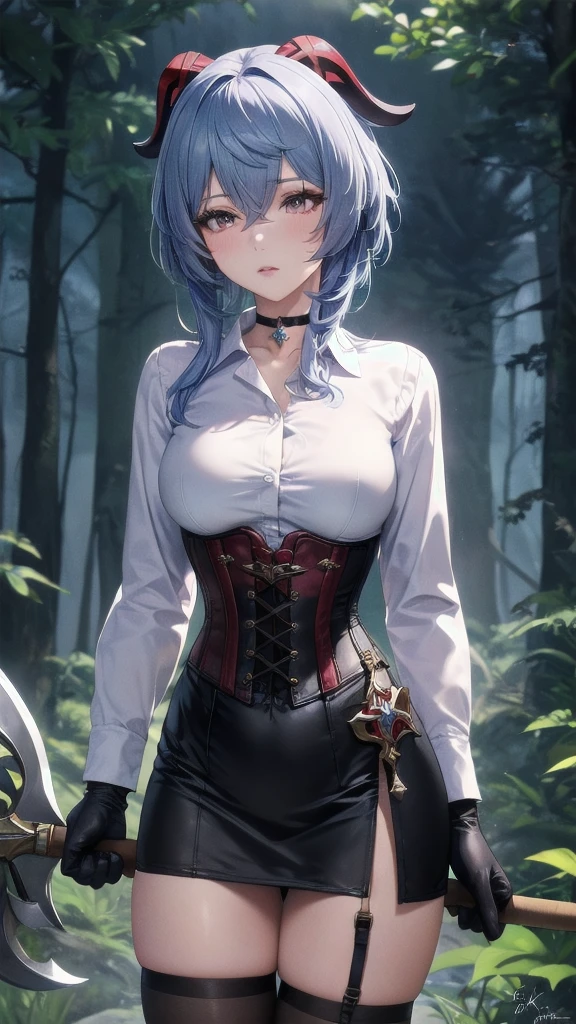 Masterpiece, Beautiful art, professional artist, 8k, sleeping expression, very detailed face, Detailed clothing, detailed fabric, 1 girl, Hiring, (genshin impact), View from the front, standing, perfectly drawn body, pale skin, shy expression, beautiful face, agregar cuernos de Hiring en la cabeza, Long sky blue hair, 4k eyes, very detailed eyes, pink cheeks, choker:1.6, (white long sleeve button down shirt with white collar), black gloves, gloves that cover hands, (holds an ax with his right hand), (black leather corset), (shiny black tight mini skirt), Sensual Lips, show details in the eyes, dark forest, at night, Atmosphere, fog