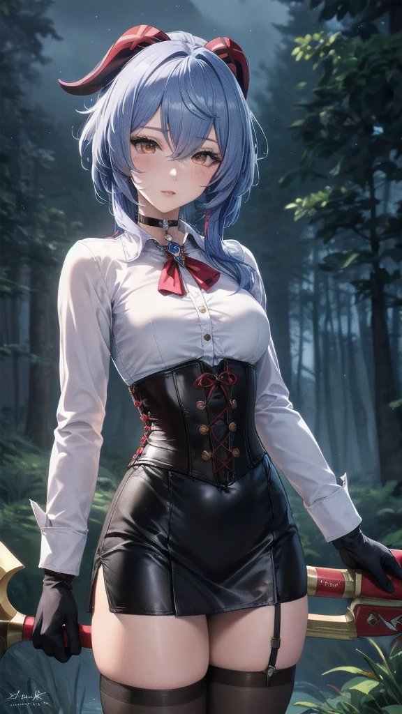 Masterpiece, Beautiful art, professional artist, 8k, sleeping expression, very detailed face, Detailed clothing, detailed fabric, 1 girl, Hiring, (genshin impact), View from the front, standing, perfectly drawn body, pale skin, shy expression, beautiful face, agregar cuernos de Hiring en la cabeza, Long sky blue hair, 4k eyes, very detailed eyes, pink cheeks, choker:1.6, (white long sleeve button down shirt with white collar), black gloves, gloves that cover hands, (holds an ax with his right hand), (black leather corset), (shiny black tight mini skirt), Sensual Lips, show details in the eyes, dark forest, at night, Atmosphere, fog