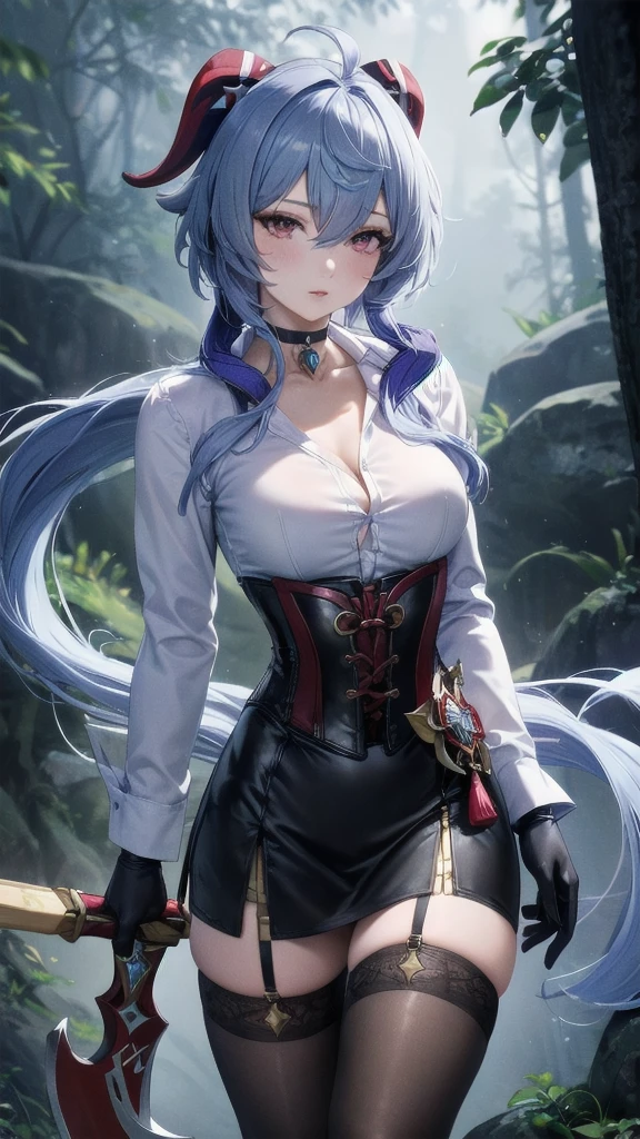 Masterpiece, Beautiful art, professional artist, 8k, sleeping expression, very detailed face, Detailed clothing, detailed fabric, 1 girl, Hiring, (genshin impact), View from the front, standing, perfectly drawn body, pale skin, shy expression, beautiful face, agregar cuernos de Hiring en la cabeza, Long sky blue hair, 4k eyes, very detailed eyes, pink cheeks, choker:1.6, (white long sleeve button down shirt with white collar), black gloves, gloves that cover hands, (holds an ax with his right hand), (black leather corset), (shiny black tight mini skirt), Sensual Lips, show details in the eyes, dark forest, at night, Atmosphere, fog