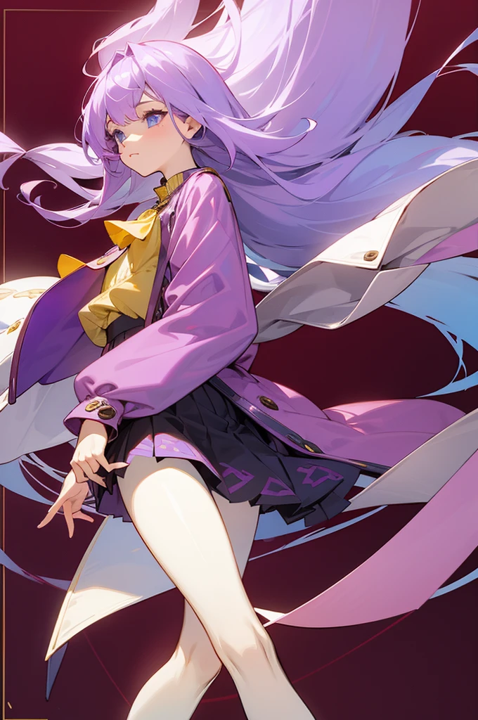 a girl with long, light purple hair, light blue eyes, who has a burgundy blouse with long-sleeved yellow buttons, who has a long jacket that reaches to her feet and that has a flower pattern and that is light purple, have a short burgundy skirt, have white tights and have purple flip flops