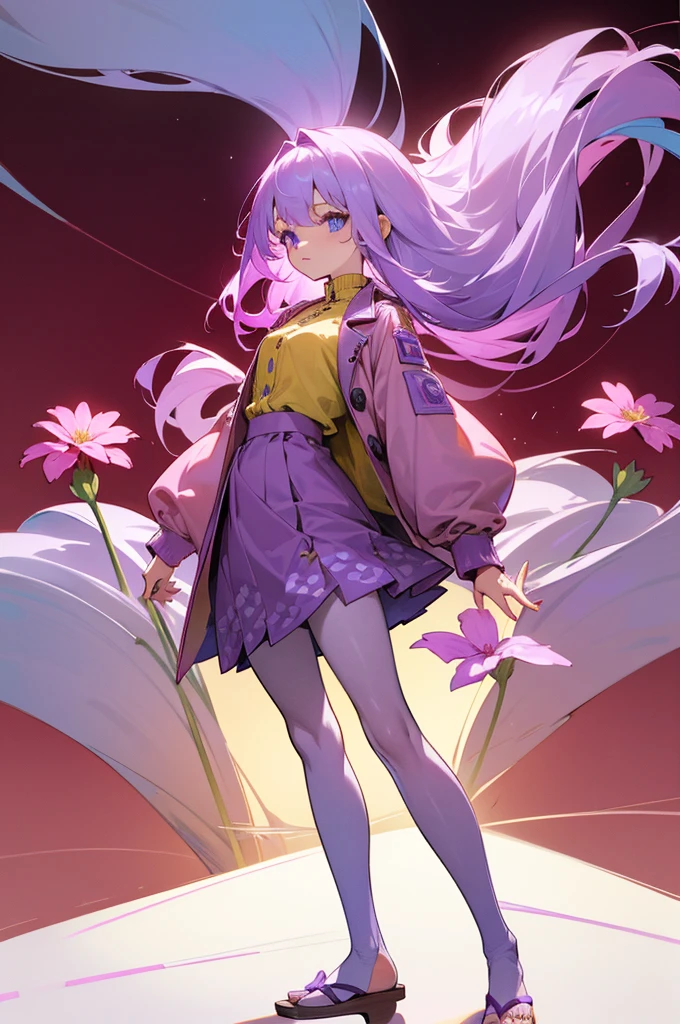 a girl with long, light purple hair, light blue eyes, who has a burgundy blouse with long-sleeved yellow buttons, who has a long jacket that reaches to her feet and that has a flower pattern and that is light purple, have a short burgundy skirt, have white tights and have purple flip flops