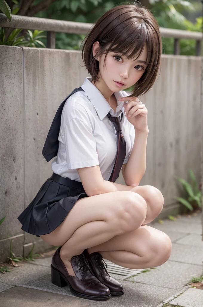 in 8K,top-quality,Real Image,intricate detailes,超A high resolution,Depth Field,masuter piece,natural soft light,profetional lighting,1 girl in,(cute little:1.2),an extremely beautiful ,A detailed eye,((Brown-eyed)),(Brown hair),(short-haired),(bangss),flawless skin,shinny skin,fair white skin,Fine skin,large full breasts,((perfect anatomia,nice hand,perfect hand,Five fingers connected to the palm of the hand,accurate hands without incongruity)),Perfect raw legs,delicate legs,perfectly proportions,A sexy,Chest visible,((Japan uniform)),((School Uniforms mini Skirt)),(neck tie),Black socks,Chano Leather Shoes,Squatting deep in the city,The crotch is visible,Show me your panties around town,both legs are bent,The legs are spread in an M shape,,I can see panties,Delicate thighs visible from the front