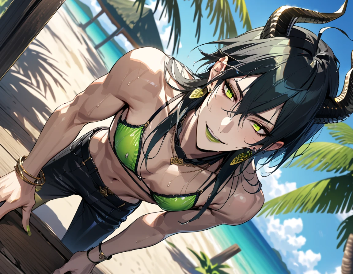 masterpiece, highres, absurdres, illustration, ((masterpiece:1.4, best quality)), (Ultra detailed background), 1boy, handsome man, highly detailed beautiful face and eyes, beautiful eyes, (sharp detail:1.3), shiny, earrings, bracelet, (wet bikini:1.3), Bari, Cebu Island, plumeria, near the beach, 1boy, sitting on floor, dynamic angle, full body, malleus draconia (twisted wonderland) horns, bishounen, boy, male, yana Toboso style, long hair, black hair, yellow green eyes, smile, gray lips, handsome, skinny, tall, yellow green glow,AddXL