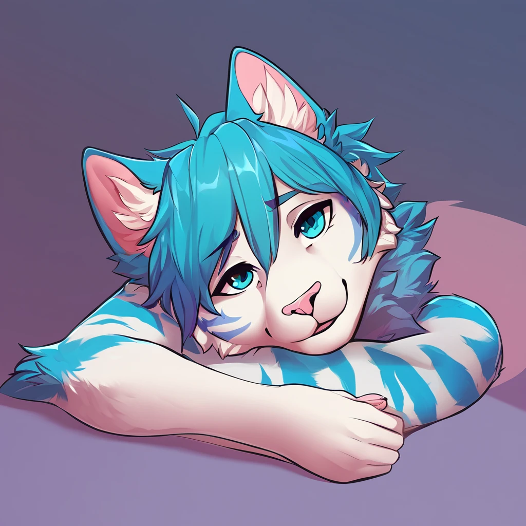 adult, feline, mammal, anthro, anthromorphic, cat, striped, fur, furred_anthro, femboy, male, blue, ear_tufts, purple, paws, hair_tuft, hair_between_eyes, fluffy, expressive_eyes, blue/teal_hair, light looking_at_viewer, blue_fur, shy, small_pupils, spotted_pattern, stripes, tiger_stripes, digital_art, high_resolution, high_res, background, shy, posing, laying_down, pink_paws, paws, profile_picture, head_visible, neck_visible, seductive_look, blue