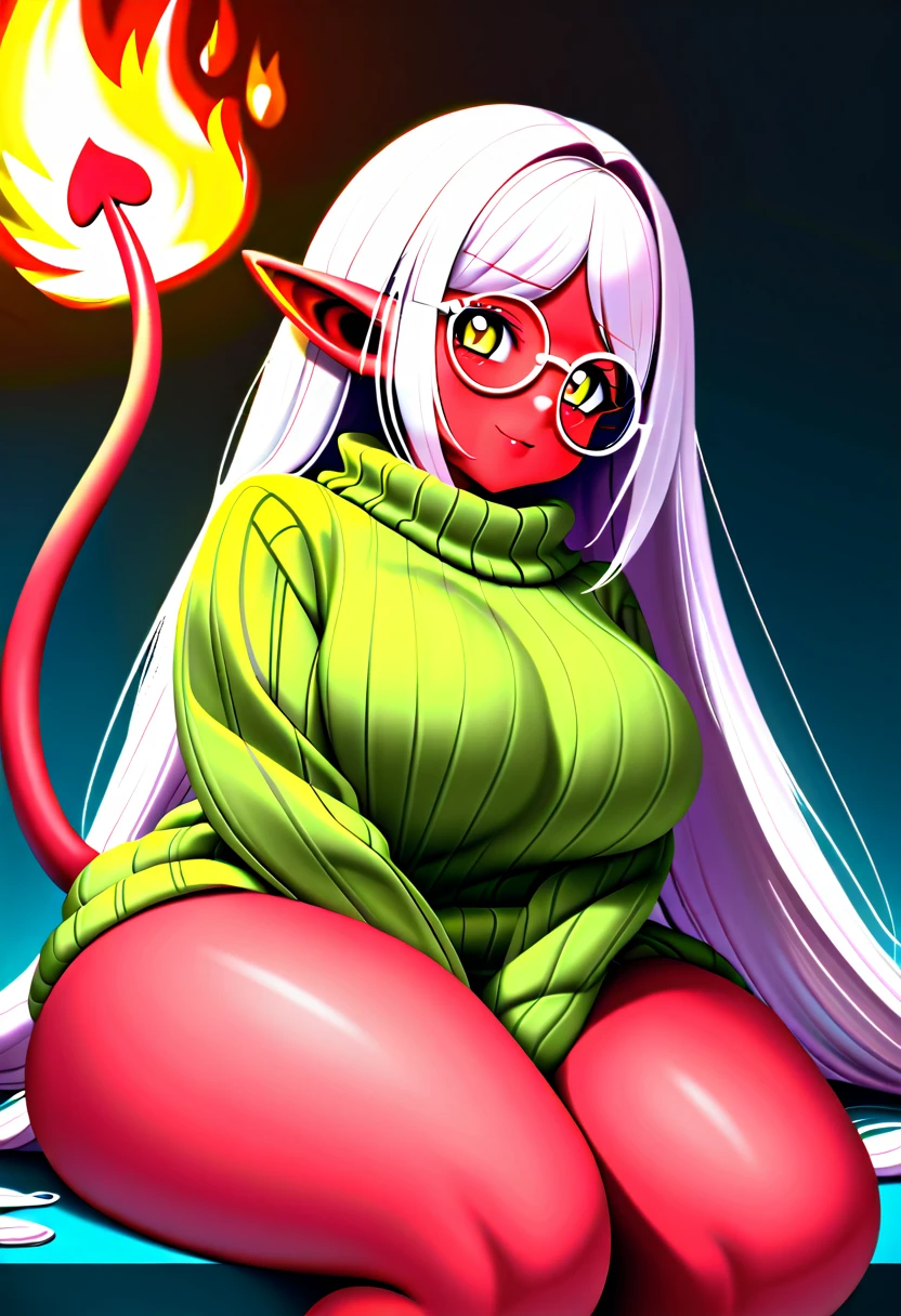 detailed illustration, (front view), (side view),dynamic angle, ultra-detailed, illustration, clean line art, shading, anime, detailed eyes, detailed face, beautiful face, dramatic lighting, detailed illustration, dynamic angle, ultra-detailed, illustration, (single woman: 1.8), masterpiece, masterwork, beautiful, (1 woman:1.8),
Succubus woman, only wearing an oversized sweater, red skin, pinkish white hair, big round wire frame glasses, knitted ribbed sweater, sleeves too long, sweater goes down to knees, large chest, large thighs, massive hips, massive thighs, sitting on her knees, hands between her legs, long demon tail, pointy red ears, yellow cat eyes, long white hair, plump, mad, pouting, hungry, resting bitch face, breasts squeezed together, BBW, eyes on fire, mad
