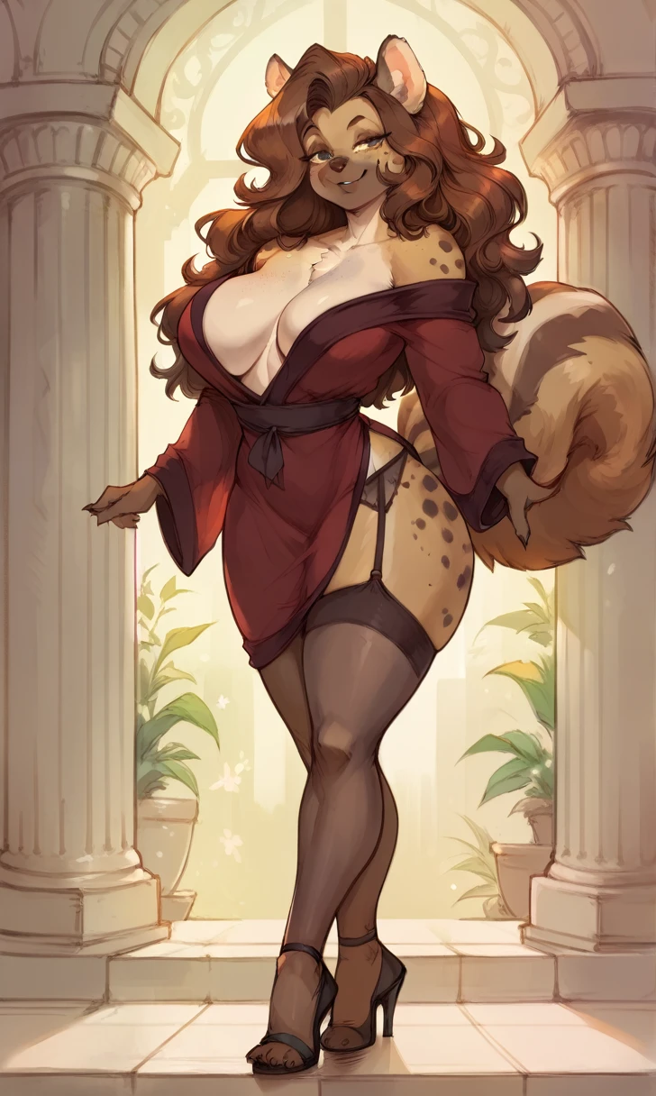 female anthro hyena,Brown long fluffy hair, fluffy hair, squirrel ears, hyena, big breasts, attractive, puple robe, thicc body, thicc body, thicc, freckles, freckles on face, neutral expression, smug eyes, high heels, garter belt tights, she is standing thick thighs