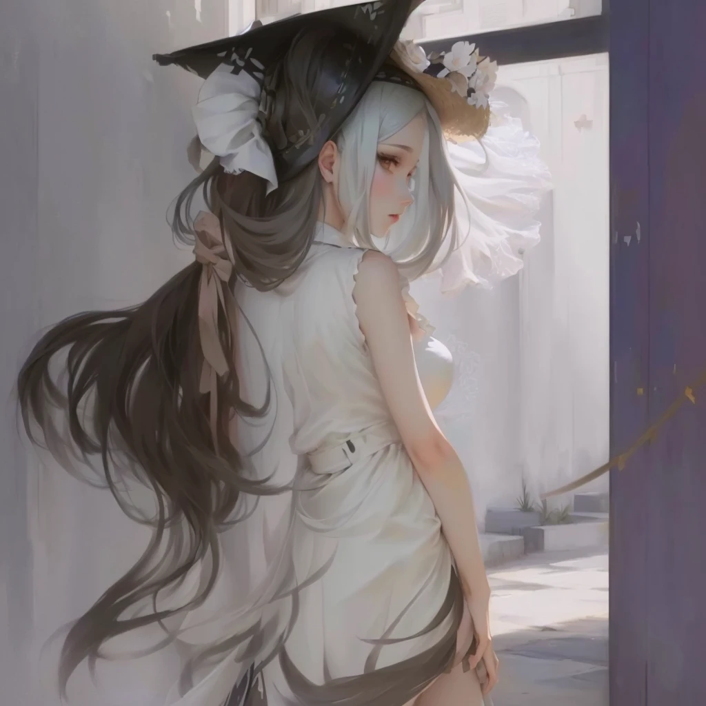There is a woman wearing a dress and a hat on her head., Gwaiz, artwork in the style of Gwaiz, Painted in an anime artist's studio, Created by Anime Painter Studio, by Shimo, Gwaiz on pixiv artstation, Digital art on pixiv, Gwaiz on artstation pixiv, Wow : : 5