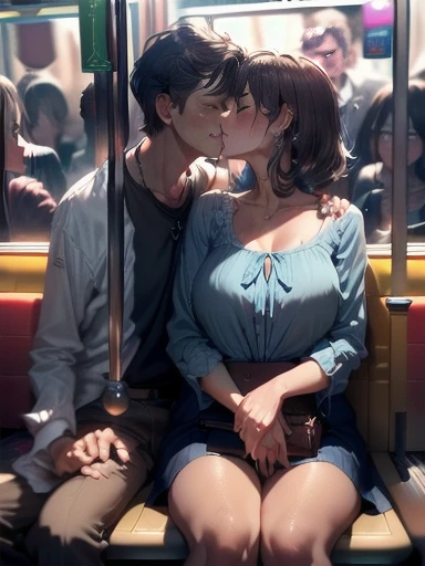 ((The mature woman is wearing a bright blue blouse:1.5)))((Wearing a long black skirt))((From an angle where you can see the whole body)))(((Sitting in a seat on a crowded train:1.8))))((She is facing the viewer with her legs spread in an M-shape)))、((Her bright red panties are in full view))、((Smiling shyly:))Sexy brown woman1people、Highest quality、超High resolution、High resolution、Detailed CG、8k wallpaper、50 years old、Detailed and beautiful、(Brown and shiny body、:1.5)、Embarrassed、(A dreamy face:1.5)、(The shape of your lips when kissing with your tongue out)、Full of embarrassment、