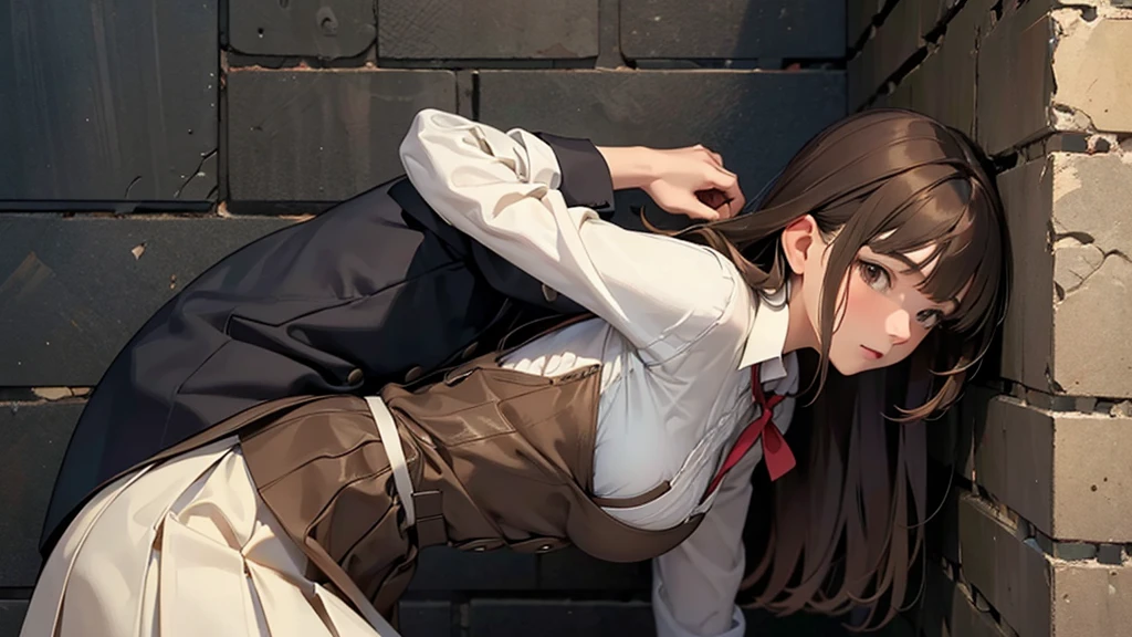 ((best quality)), ((work of art)), ((detailed)), woman with brown hair and bangs, in a doggy-style position, against a wall, skirt lifted by a man, who is taking her from behind