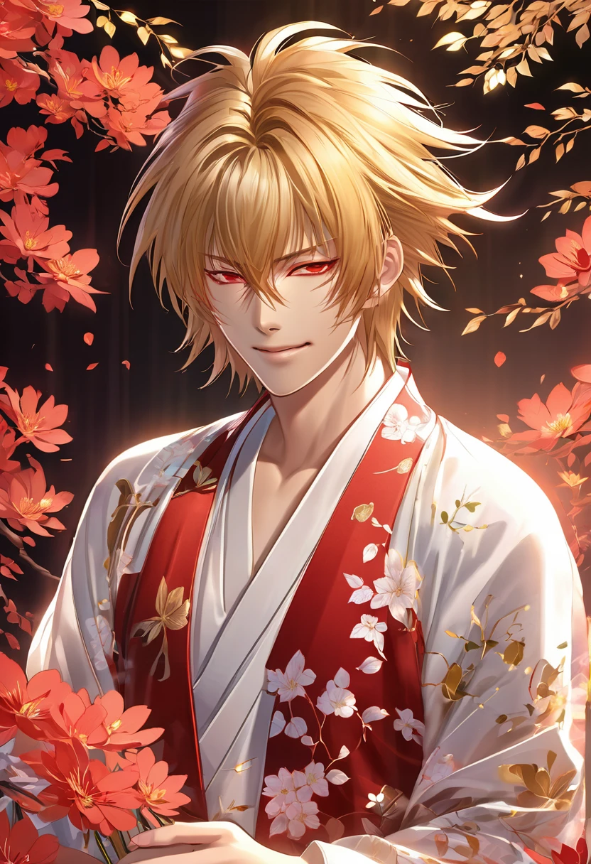 (masterpiece, Very detailed, Exquisite, beautiful, Full HD, High resolution, Absurd) Chikage Kazama、alone, male, A detailed anime-style illustration of a beautiful male character. He has golden hair and sharp red eyes, and he is wearing a white kimono with floral patterns. He is holding a red flower in his hand and smiling. The background is simple with floral designs. The overall mood should be calm and enchanting, with soft lighting to emphasize the delicate features of the character.