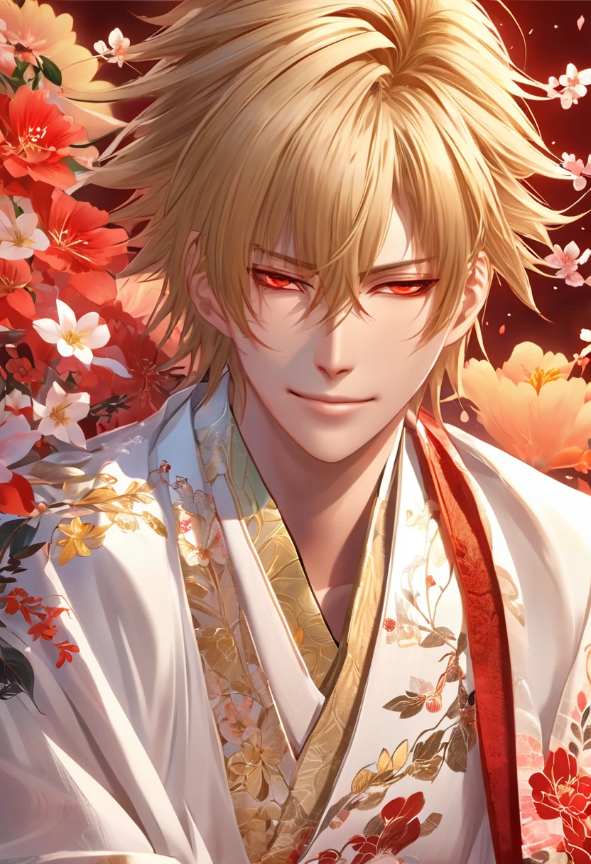 (masterpiece, Very detailed, Exquisite, beautiful, Full HD, High resolution, Absurd) Chikage Kazama、alone, male, A detailed anime-style illustration of a beautiful male character. He has golden hair and sharp red eyes, and he is wearing a white kimono with floral patterns. He is holding a red flower in his hand and smiling. The background is simple with floral designs. The overall mood should be calm and enchanting, with soft lighting to emphasize the delicate features of the character.