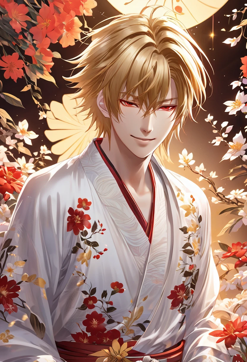 (masterpiece, Very detailed, Exquisite, beautiful, Full HD, High resolution, Absurd) Chikage Kazama、alone, male, A detailed anime-style illustration of a beautiful male character. He has golden hair and sharp red eyes, and he is wearing a white kimono with floral patterns. He is holding a red flower in his hand and smiling. The background is simple with floral designs. The overall mood should be calm and enchanting, with soft lighting to emphasize the delicate features of the character.