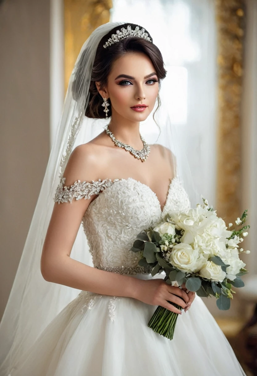 Beautiful woman, beautiful style, beautiful accessories, beautiful makeup, beautiful bride dress, simple,full-length,