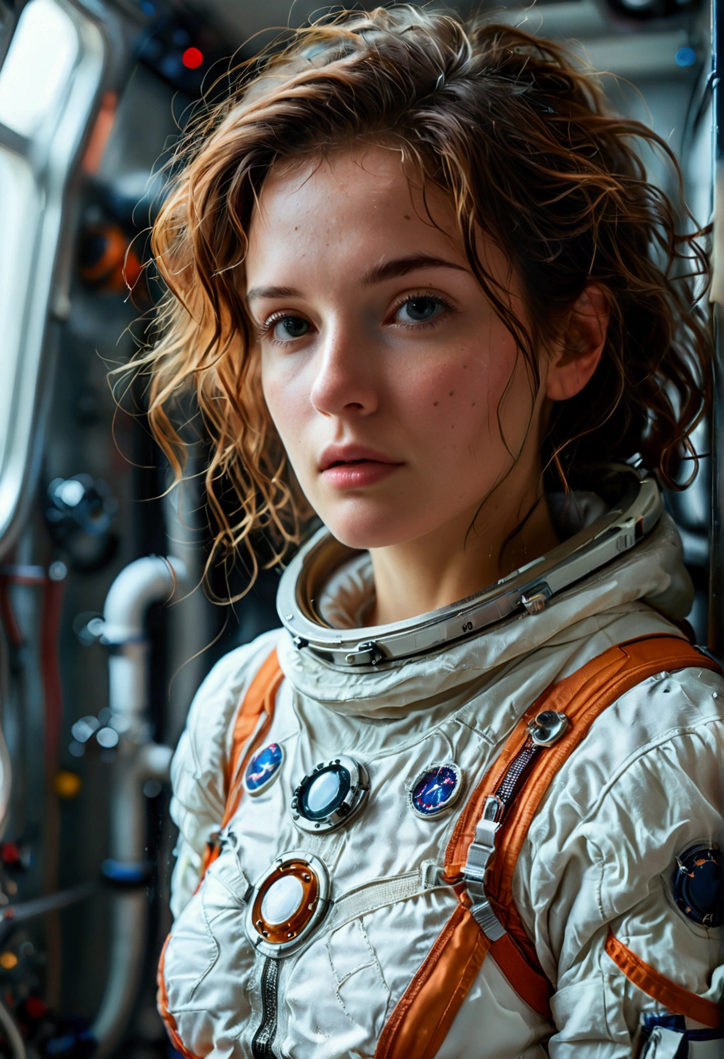 female astronaut j0rd7nj0n3s (slightly embarrassed, sponge bath, nude, hand bra) in space station restroom, beautiful face, realistic photo, (portrait), [smoke], [haze], natural lighting, shallow depth of field, photographed on a Canon EOS-1D X Mark III, 50mm lens, F/2.8, (intricately detailed, hyperdetailed), ((RAW color)), sharp focus, HDR, 4k resolution, Cinematic film
