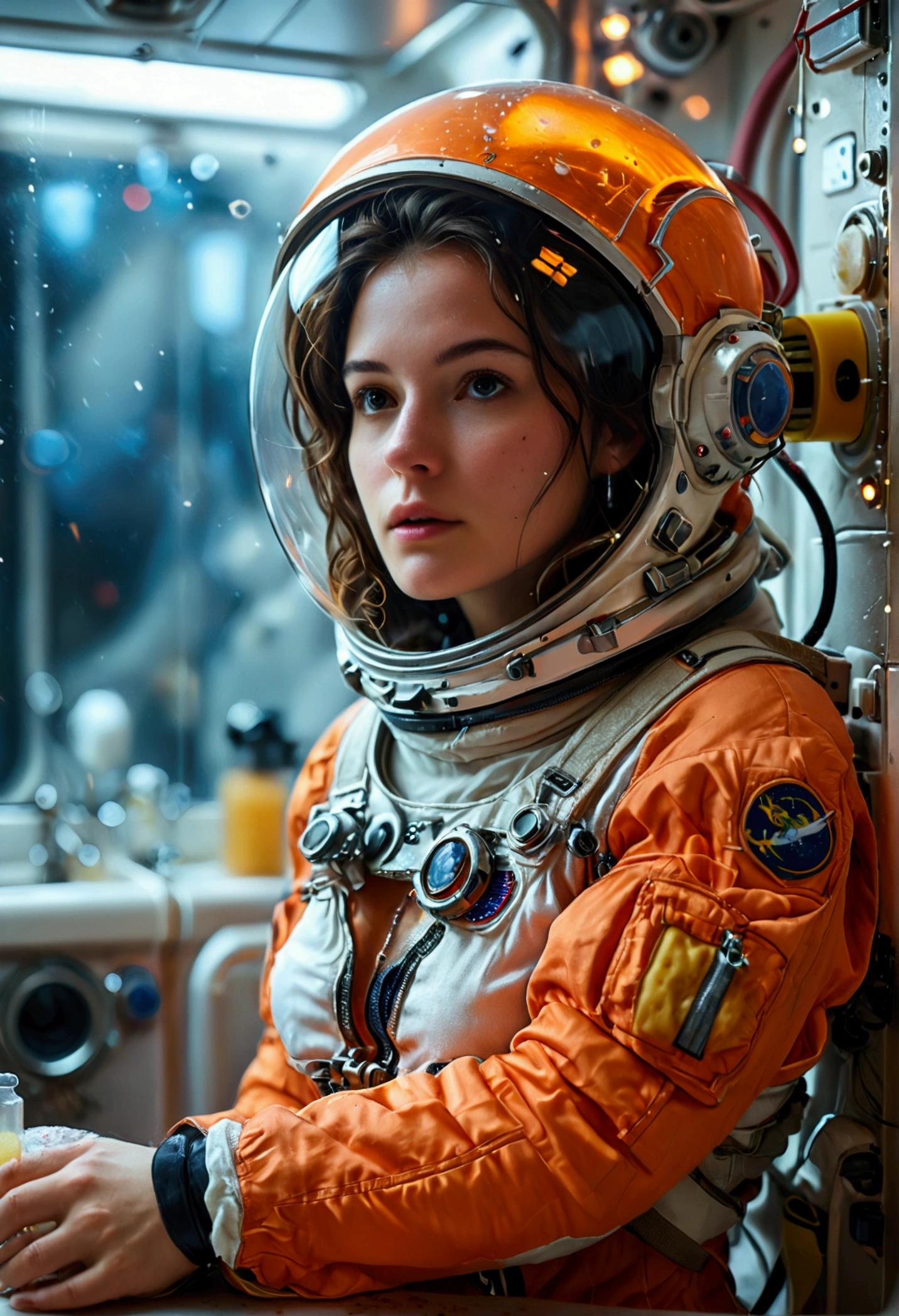 female astronaut j0rd7nj0n3s (slightly embarrassed, sponge bath, nude, hand bra) in space station restroom, beautiful face, realistic photo, (portrait), [smoke], [haze], natural lighting, shallow depth of field, photographed on a Canon EOS-1D X Mark III, 50mm lens, F/2.8, (intricately detailed, hyperdetailed), ((RAW color)), sharp focus, HDR, 4k resolution, Cinematic film
