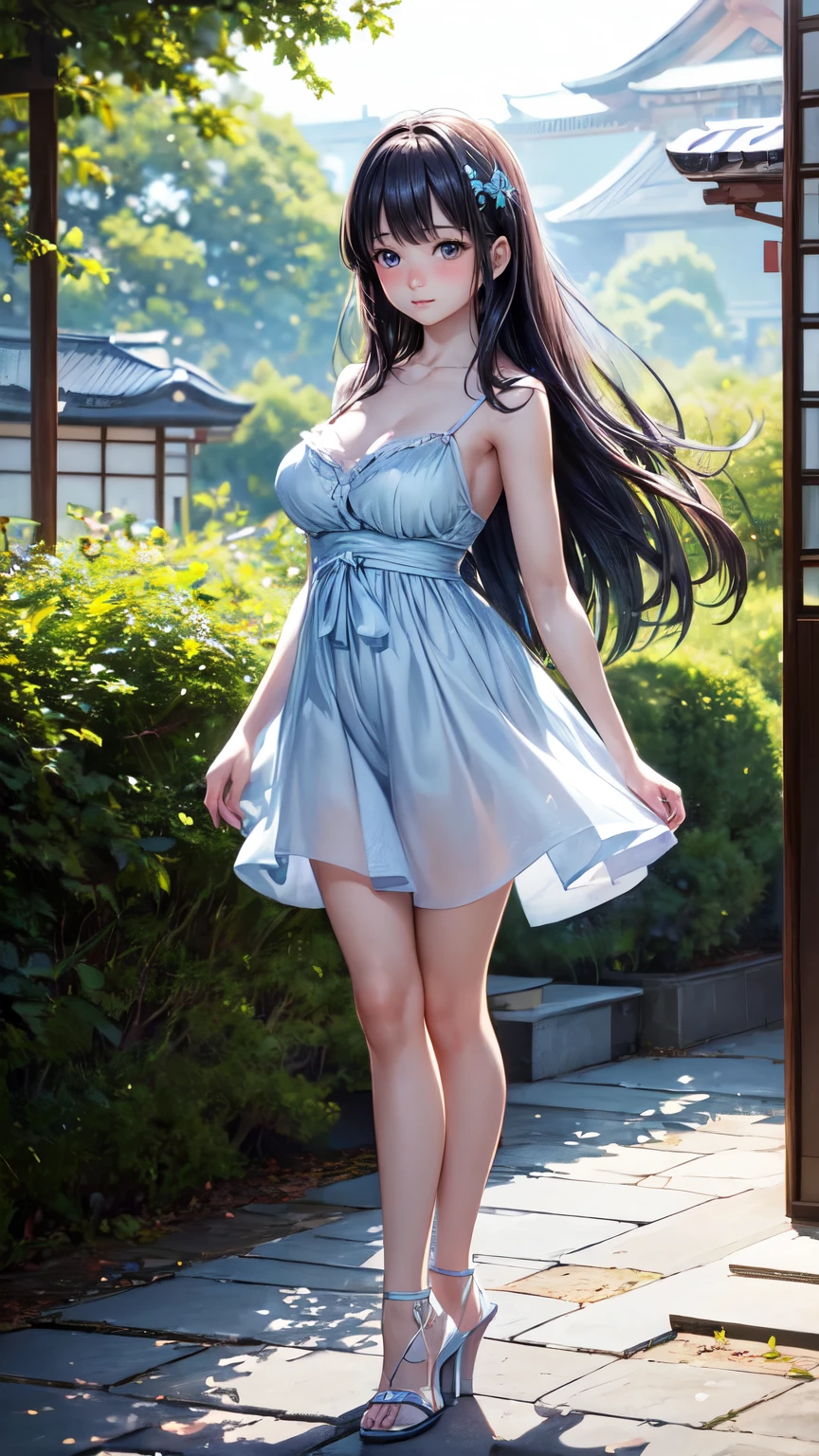 (Realistic, Photorealistic:1.4), Beautiful illustration, view the viewer, full body, full body focus, Front view, 1 girl, Japanese, Girl, (semi long hair:0.3), blown hair, Bangs, hair between eye, (Huge breasts:0.9), Beautiful hair, Beautiful Baby-face, Biful iled eyes, Beautiful collarbone, Beautiful body, beautiful boob, beautiful thigh, Beautiful legs, Beautiful fingers, (Beautiful scenery), Garden, ((pale blue ultra high cut sundress), white pin high heels), (standing on glass , shy, nose blush, (erect nipples:0.7) ), NSFW