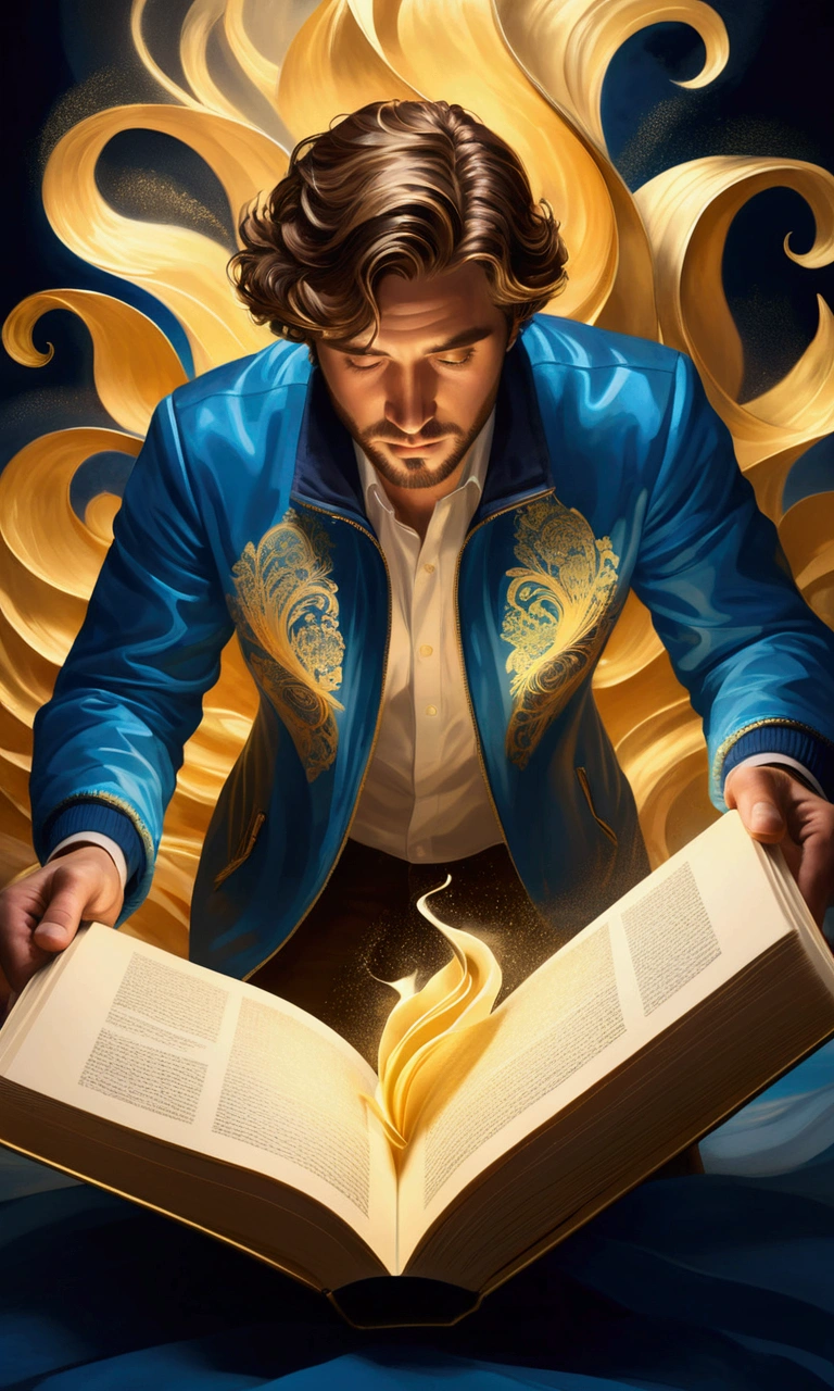 POV, a man with blue jacket open a gold pages pop up book with a paper family crafted in the pages. In the background the book glow with golden and blue light waves illuminating the dark room. burst of wind waves the mist of a dark room. Thick wavy Brush strokes, Digital illustration, brush strokes, watercolor, golden light, dreamy atmosphere, close up, (best quality, masterpiece) intricate gold patterns in the book