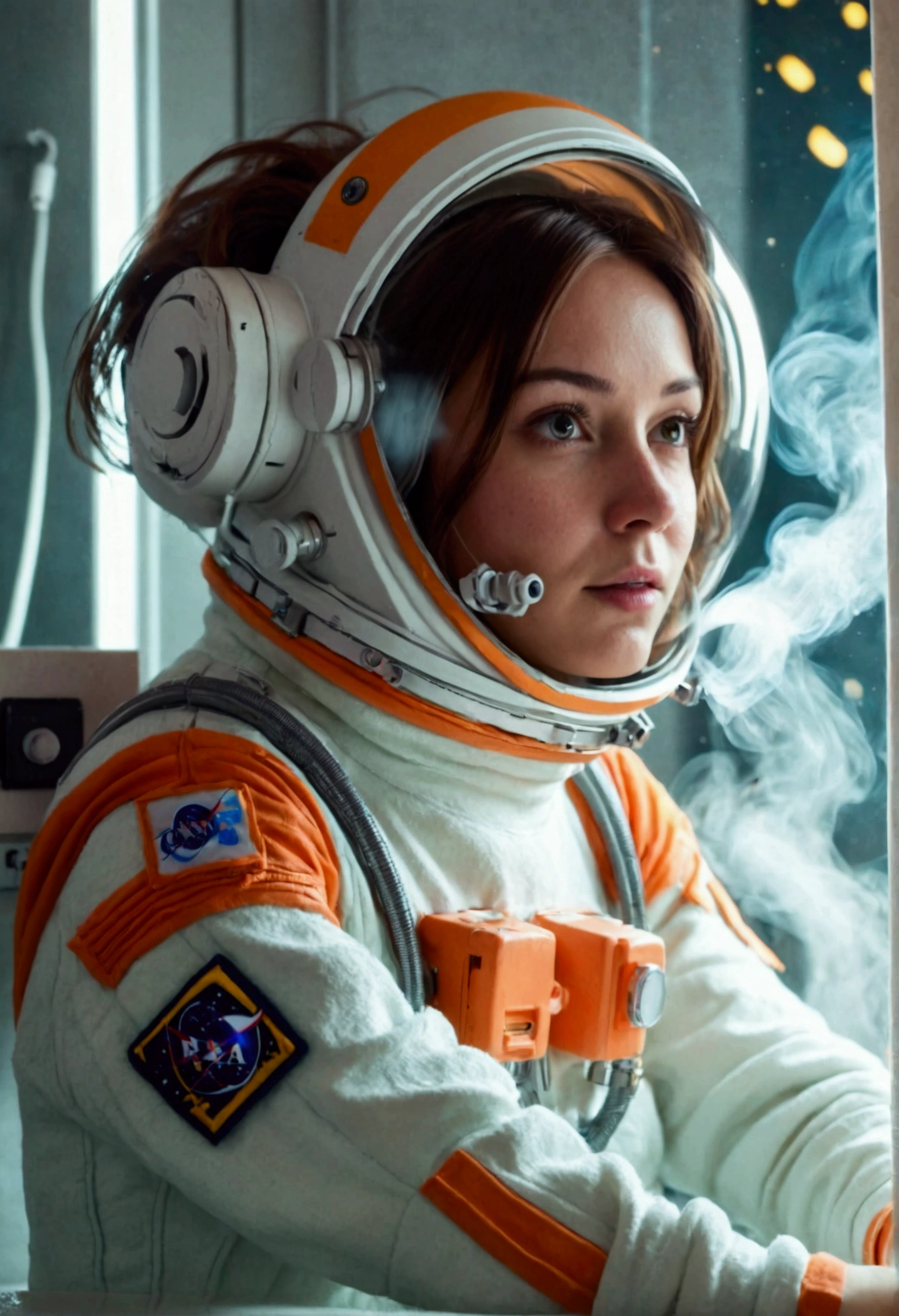 female astronaut j0rd7nj0n3s (slightly embarrassed, sponge bath, nude) in space station restroom, beautiful face, realistic photo, (portrait), [smoke], [haze], natural lighting, shallow depth of field, photographed on a Canon EOS-1D X Mark III, 50mm lens, F/2.8, (intricately detailed, hyperdetailed), ((RAW color)), sharp focus, HDR, 4k resolution, Cinematic film
