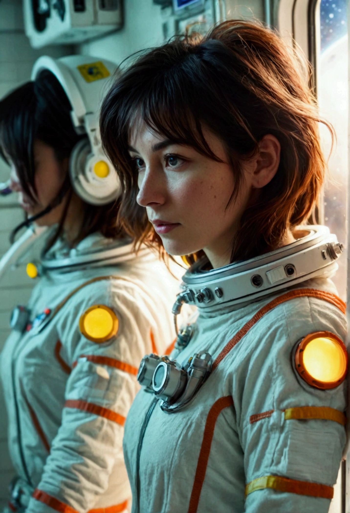 female astronaut j0rd7nj0n3s (slightly embarrassed, sponge bath, nude) in space station restroom, beautiful face, realistic photo, (portrait), [smoke], [haze], natural lighting, shallow depth of field, photographed on a Canon EOS-1D X Mark III, 50mm lens, F/2.8, (intricately detailed, hyperdetailed), ((RAW color)), sharp focus, HDR, 4k resolution, Cinematic film
