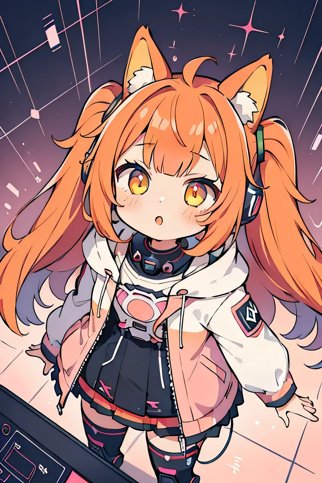 1girl, decora, dynamic angle, breath taking, from above, forced perspective, oversized jacket, neko ears, red hair, unicorn horn, cyber goth themed, kawaiitech, pastel colors, kawaii, cute colors, scifi, reelmech, cyborg, robotic parts, cable electric wires, microchip, , kawaii, color palette: red, orange, yellow