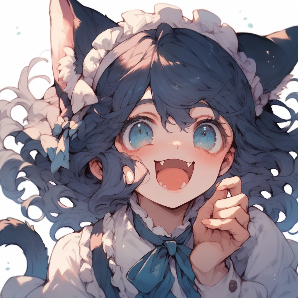 Pontuação_9 pontuação_8_acima, cute maid catboy,eyes blue,hair fluffy half down dark blue,face happy and shy,boy