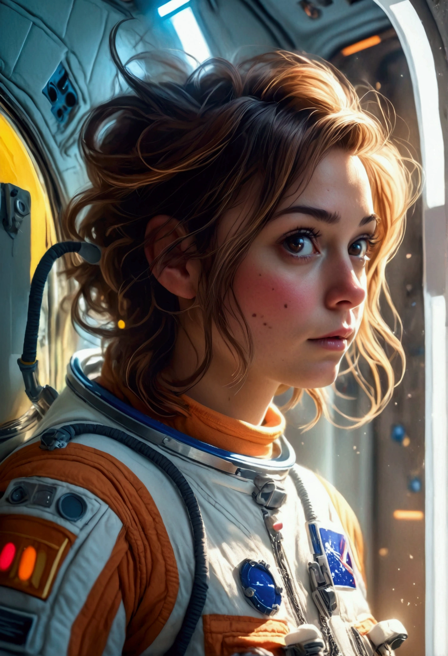 female astronaut j0rd7nj0n3s (slightly embarrassed, sponge bath, nude) in space station restroom, beautiful face, realistic photo, (portrait), [smoke], [haze], natural lighting, shallow depth of field, photographed on a Canon EOS-1D X Mark III, 50mm lens, F/2.8, (intricately detailed, hyperdetailed), ((RAW color)), sharp focus, HDR, 4k resolution, Cinematic film
