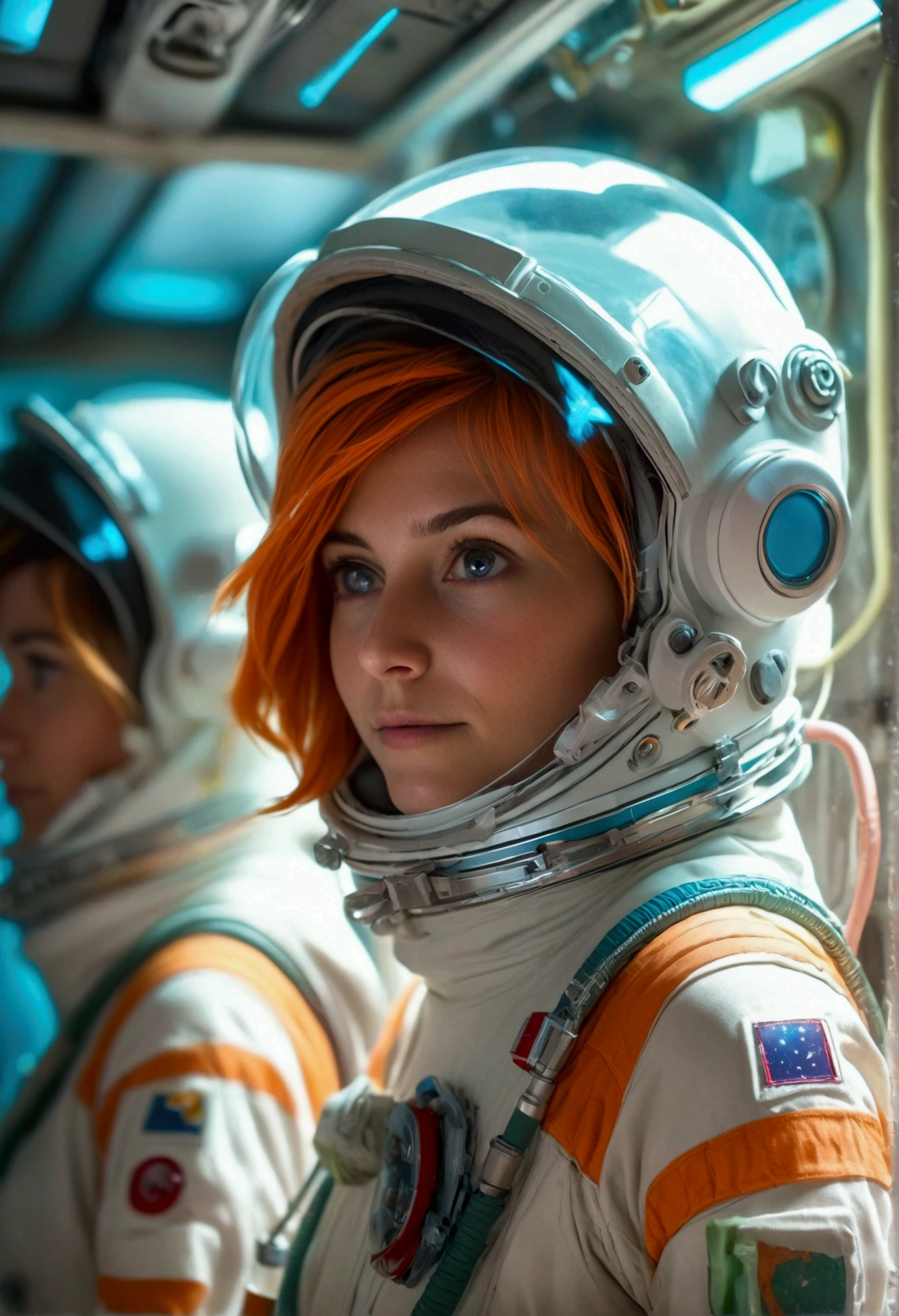 female astronaut j0rd7nj0n3s (slightly embarrassed, sponge bath, nude) in space station restroom, beautiful face, realistic photo, (portrait), [smoke], [haze], natural lighting, shallow depth of field, photographed on a Canon EOS-1D X Mark III, 50mm lens, F/2.8, (intricately detailed, hyperdetailed), ((RAW color)), sharp focus, HDR, 4k resolution, Cinematic film
