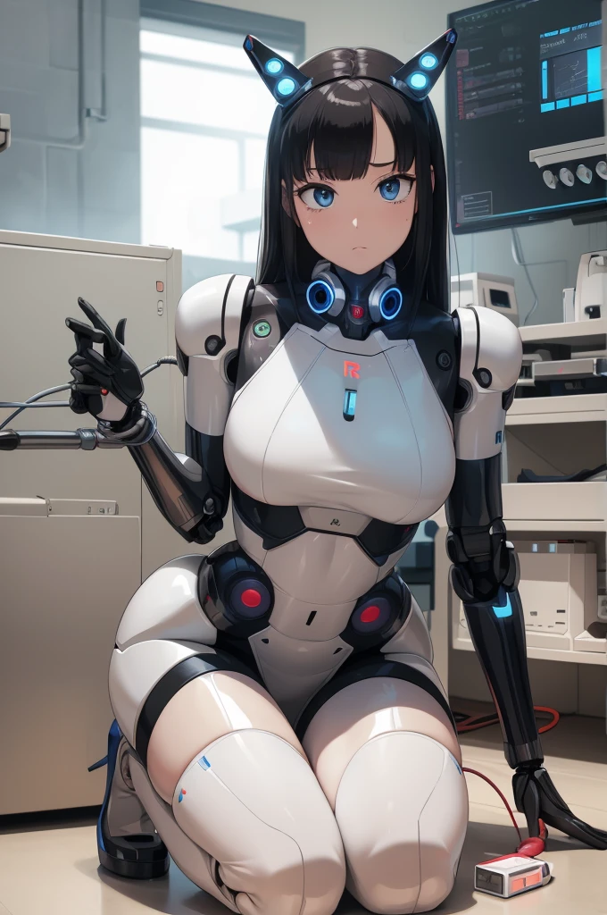 masterpiece, best quality, extremely detailed,Japaese Cyborg Girl,Plump , black knee high socks,control panels,android,Droid,Mechanical Hand, ,clothes with a sense of mechanical technology, Robot arms and legs, Black Robot Parts,Black hair,Mechanical body,rompers,Blunt bangs,White abdomen,White robotics parts,tube dress,perfect robot woman,future laboratory,cyber pank,charging spot,laboratory,long tube,thick cable connected her neck,kneel on the floor,bowing,ceramic body ,mechanical body, android,robot humanoid,