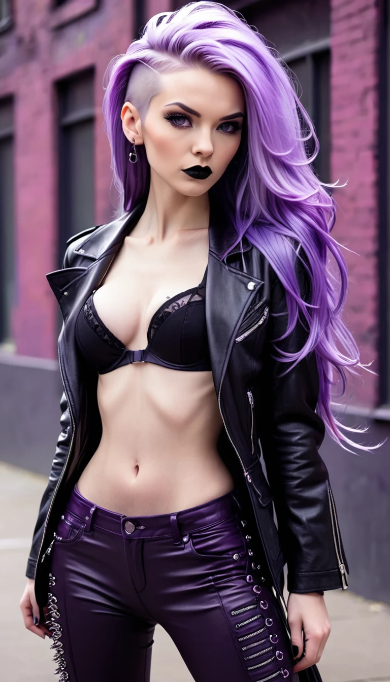 beautyfull slender woman, tall woman, lilac details, sidecut big lilac hair, long hair, black lipstick, black jacket, purple bra, black pants, punk woman, adult woman, serious face, milf, small breasts