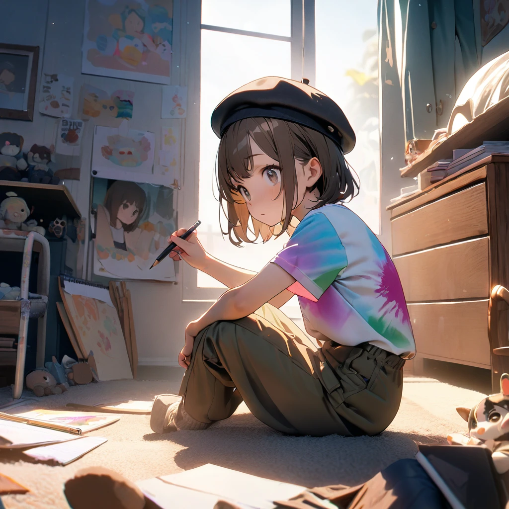 (8K, best quality, master piece: 1.2),super high resolution,1 girl,16yo,solo,ultra-detailed face,deep detailed eyes,Shiny Brown hair,short hair,Beret,tye dye tee,khaki gaucho pants,The girl is drawing on her shoulder in a sketchbook. The sketchbook has illustrations of three cats in different positions, along with the date,rim light,from side,Sitting,messy children's room