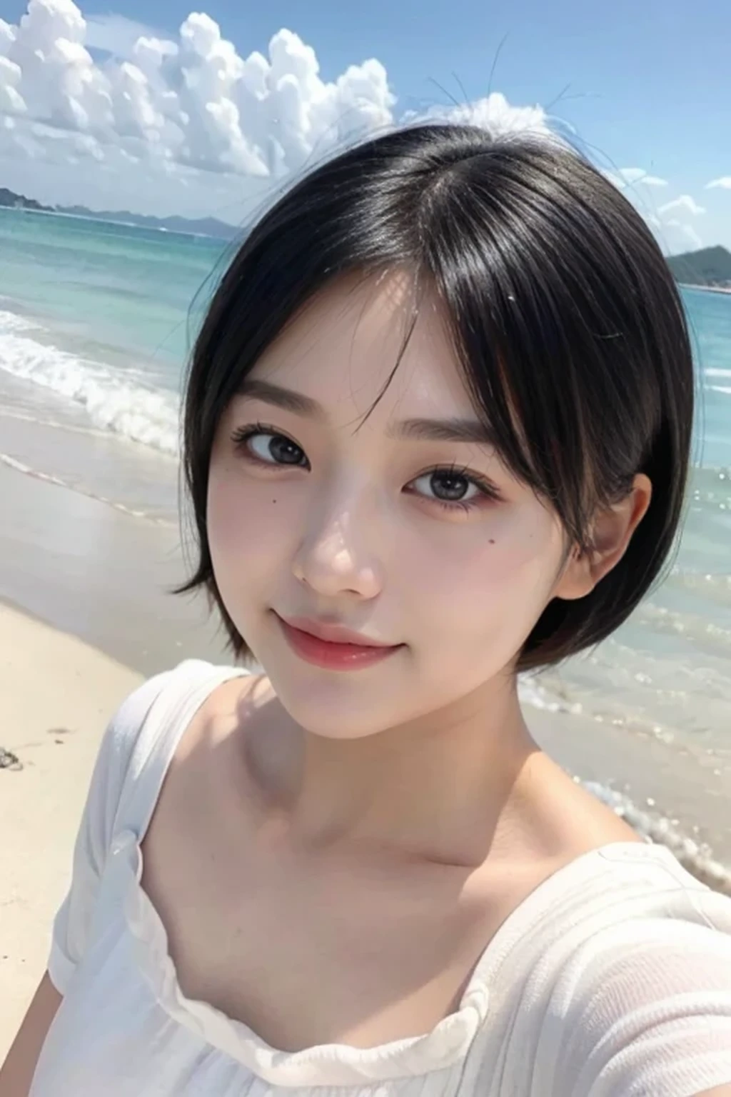 (naked, nude:1.3), 8k, RAW photo, best quality, masterpiece, realistic, photo-realistic, clear, professional lighting, BREAK, beautiful face, no makeup face, eyes and faces with detailed, best quality, ultra high res, BREAK, (upper shot:1.3), BREAK, realistic Japanese cute, girl, 14 years old, (short cut hair:1.2), smile, BREAK, standing, small breasts, (public hair:1.5), BREAK, (black eyes, black hair:1.2), (beach:1.2)
