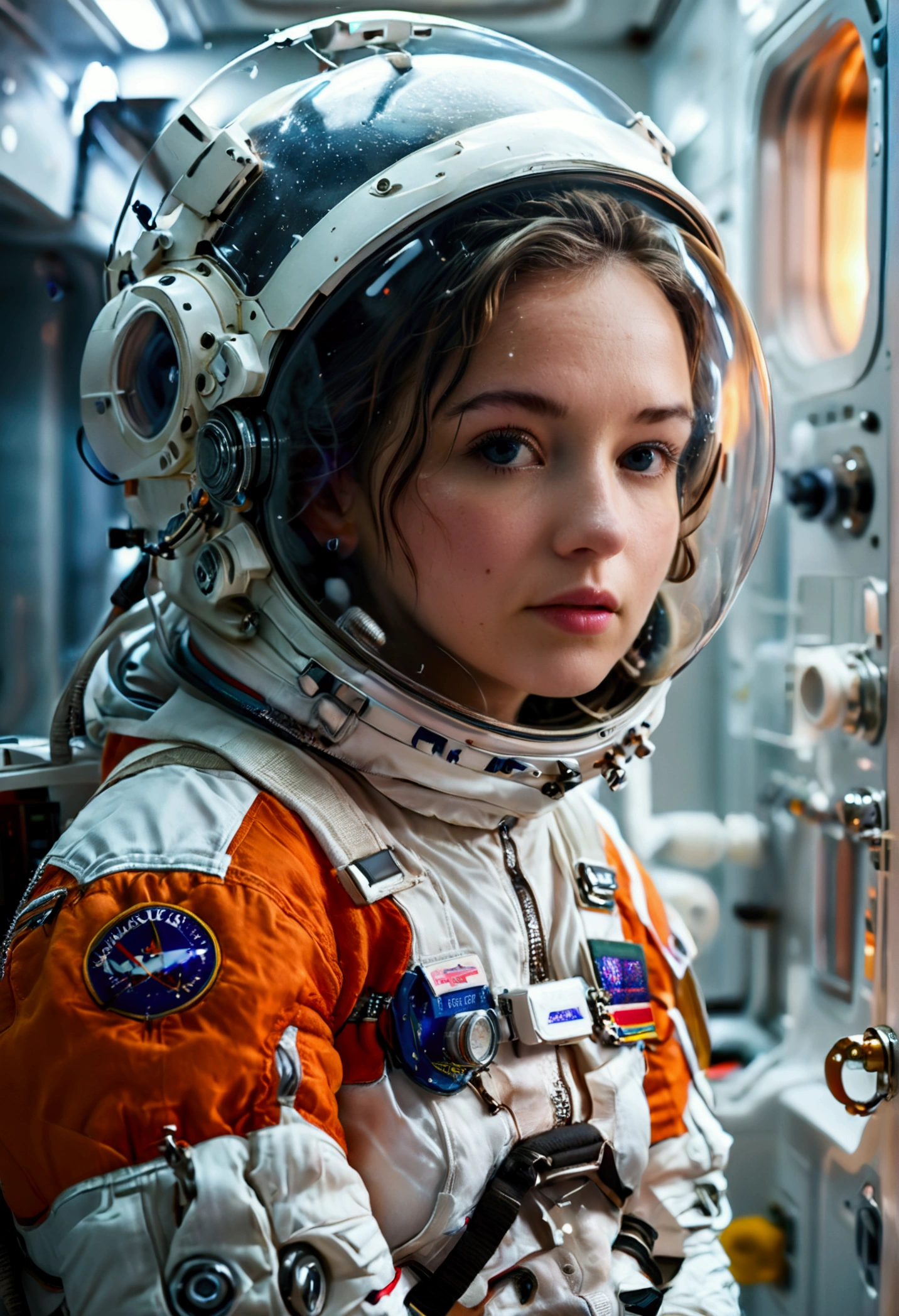 female astronaut j0rd7nj0n3s (slightly embarrassed, sponge bath, nude) in space station restroom, beautiful face, realistic photo, (portrait), [smoke], [haze], natural lighting, shallow depth of field, photographed on a Canon EOS-1D X Mark III, 50mm lens, F/2.8, (intricately detailed, hyperdetailed), ((RAW color)), sharp focus, HDR, 4k resolution, Cinematic film
