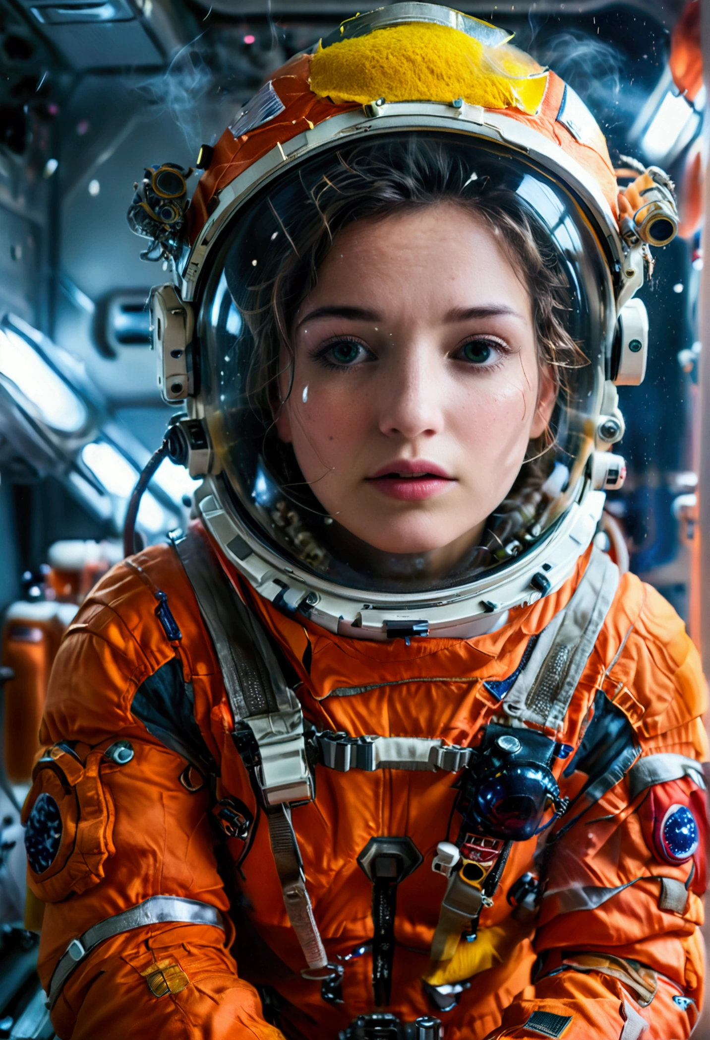 female astronaut j0rd7nj0n3s (slightly embarrassed, sponge bath, nude) in space station restroom, beautiful face, realistic photo, (portrait), [smoke], [haze], natural lighting, shallow depth of field, photographed on a Canon EOS-1D X Mark III, 50mm lens, F/2.8, (intricately detailed, hyperdetailed), ((RAW color)), sharp focus, HDR, 4k resolution, Cinematic film
