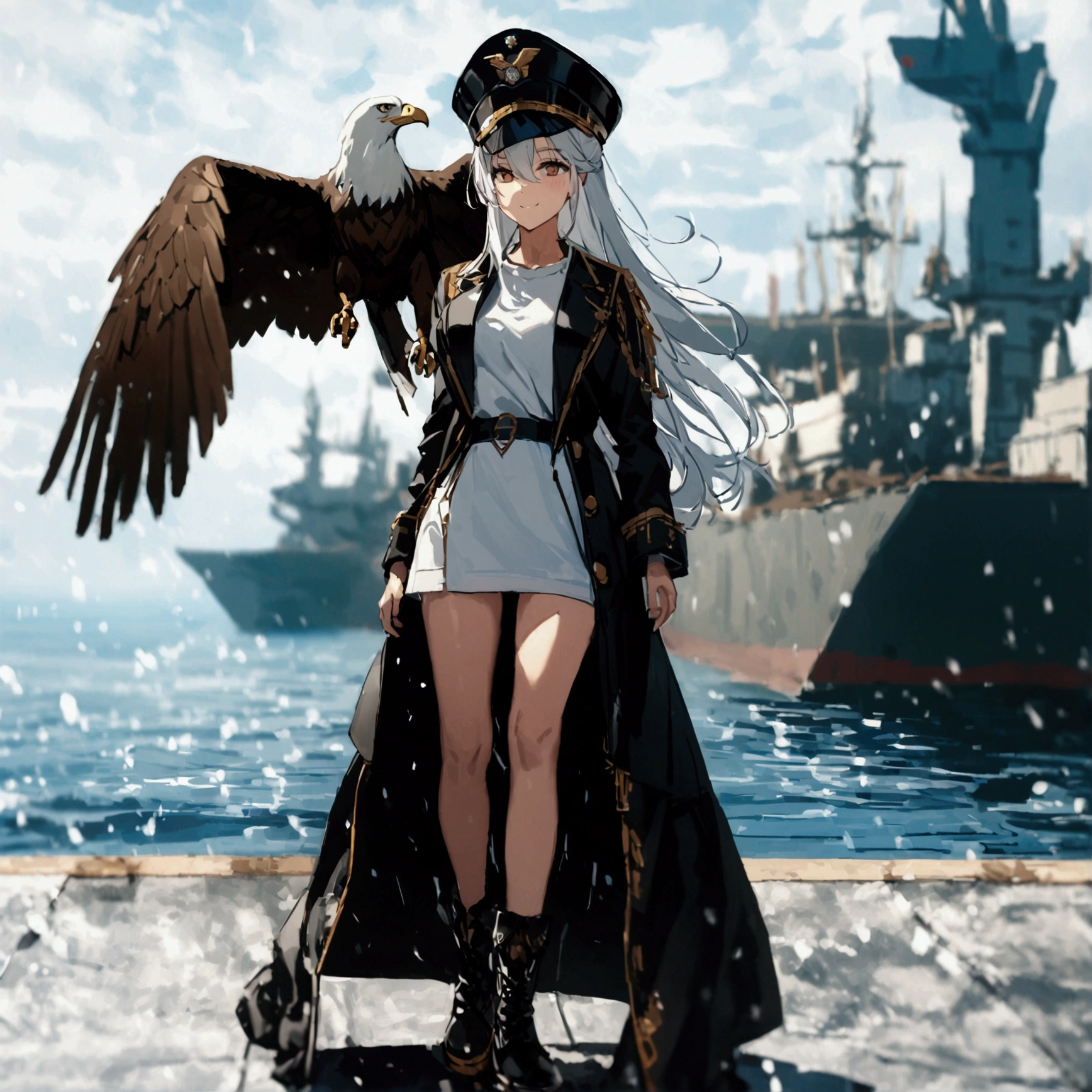 A woman wearing a long-sleeved black jacket with gold details, open jacket, white women's t-shirt, black skirt with gold details, black metal boots, wearing a white military hat with black, white and gold details, standing, with an eagle hanging from his raised arm, big breasts, limp eyes, white hair, long hair, smiling, perfect face, on a concrete platform in a naval port overlooking the sea,.UHD , prime work , accurate , anatomically correct , textured skin , super details , high quality , best quality, 8k, high resolution, bokeh effect. (woman solo)
