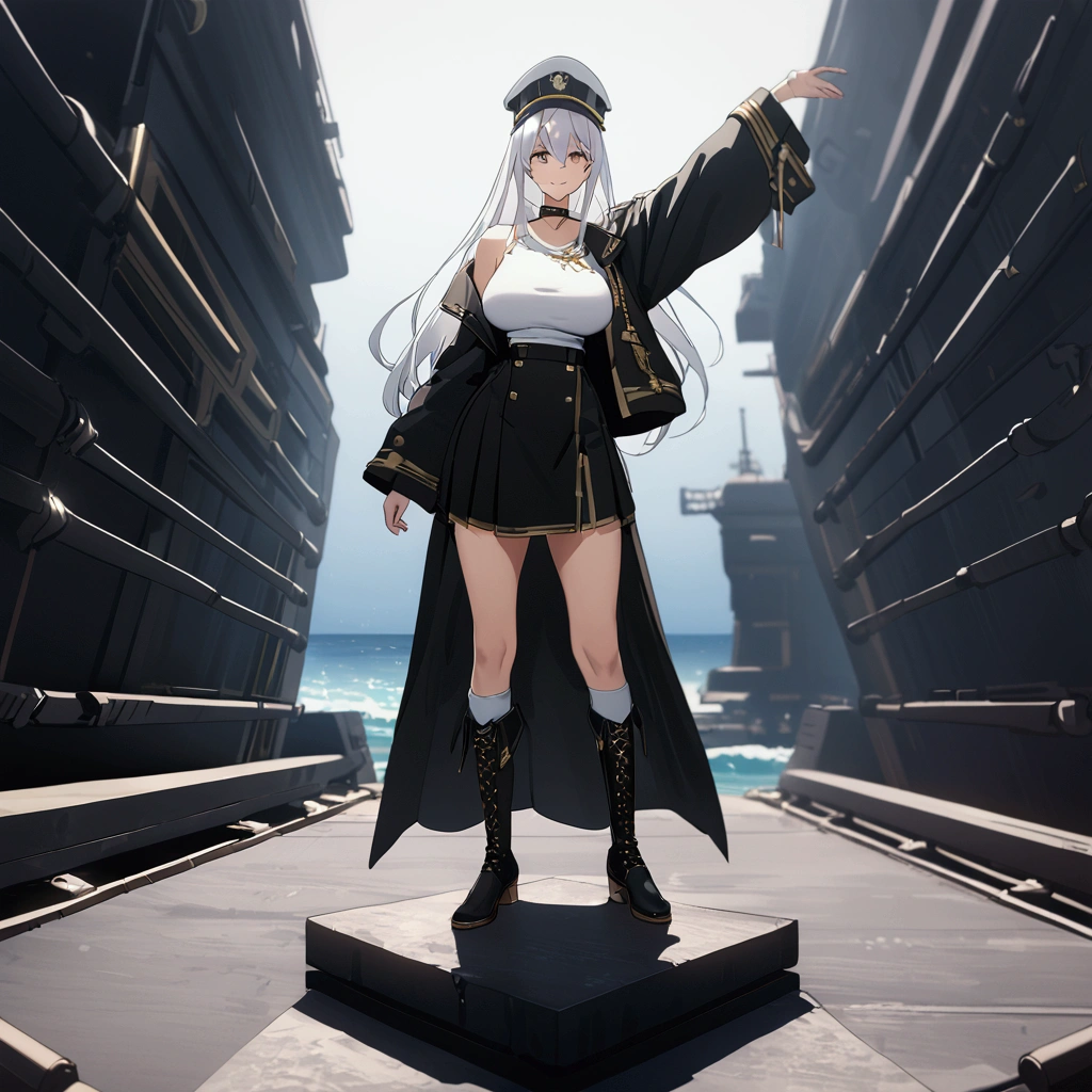 A woman wearing a long-sleeved black jacket with gold details, open jacket, white women's t-shirt, black skirt with gold details, black metal boots, wearing a white military hat with black, white and gold details, standing, with an eagle hanging from his raised arm, big breasts, limp eyes, white hair, long hair, smiling, perfect face, on a concrete platform in a naval port overlooking the sea,.UHD , prime work , accurate , anatomically correct , textured skin , super details , high quality , best quality, 8k, high resolution, bokeh effect. (woman solo)
