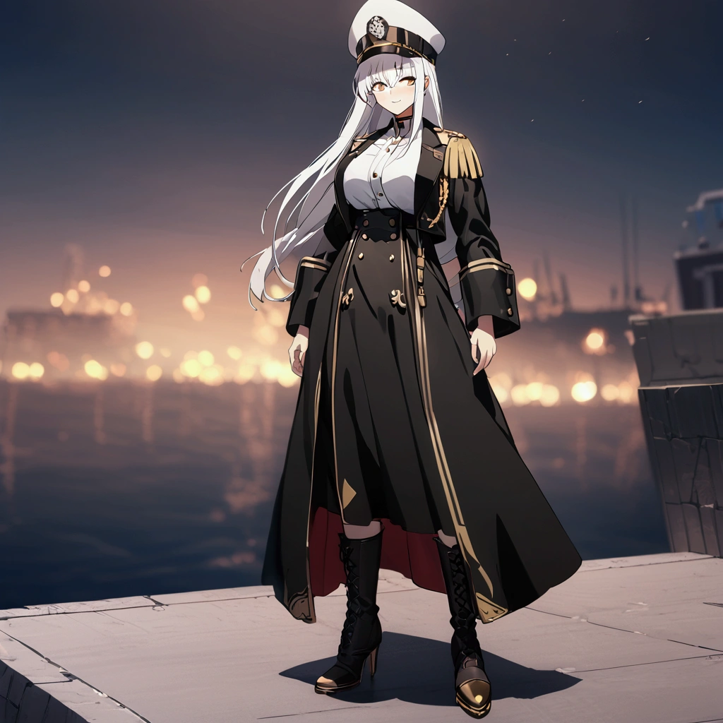 A woman wearing a long-sleeved black jacket with gold details, open jacket, white women's t-shirt, black skirt with gold details, black metal boots, wearing a white military hat with black, white and gold details, standing, with an eagle hanging from his raised arm, big breasts, limp eyes, white hair, long hair, smiling, perfect face, on a concrete platform in a naval port overlooking the sea,.UHD , prime work , accurate , anatomically correct , textured skin , super details , high quality , best quality, 8k, high resolution, bokeh effect. (woman solo)
