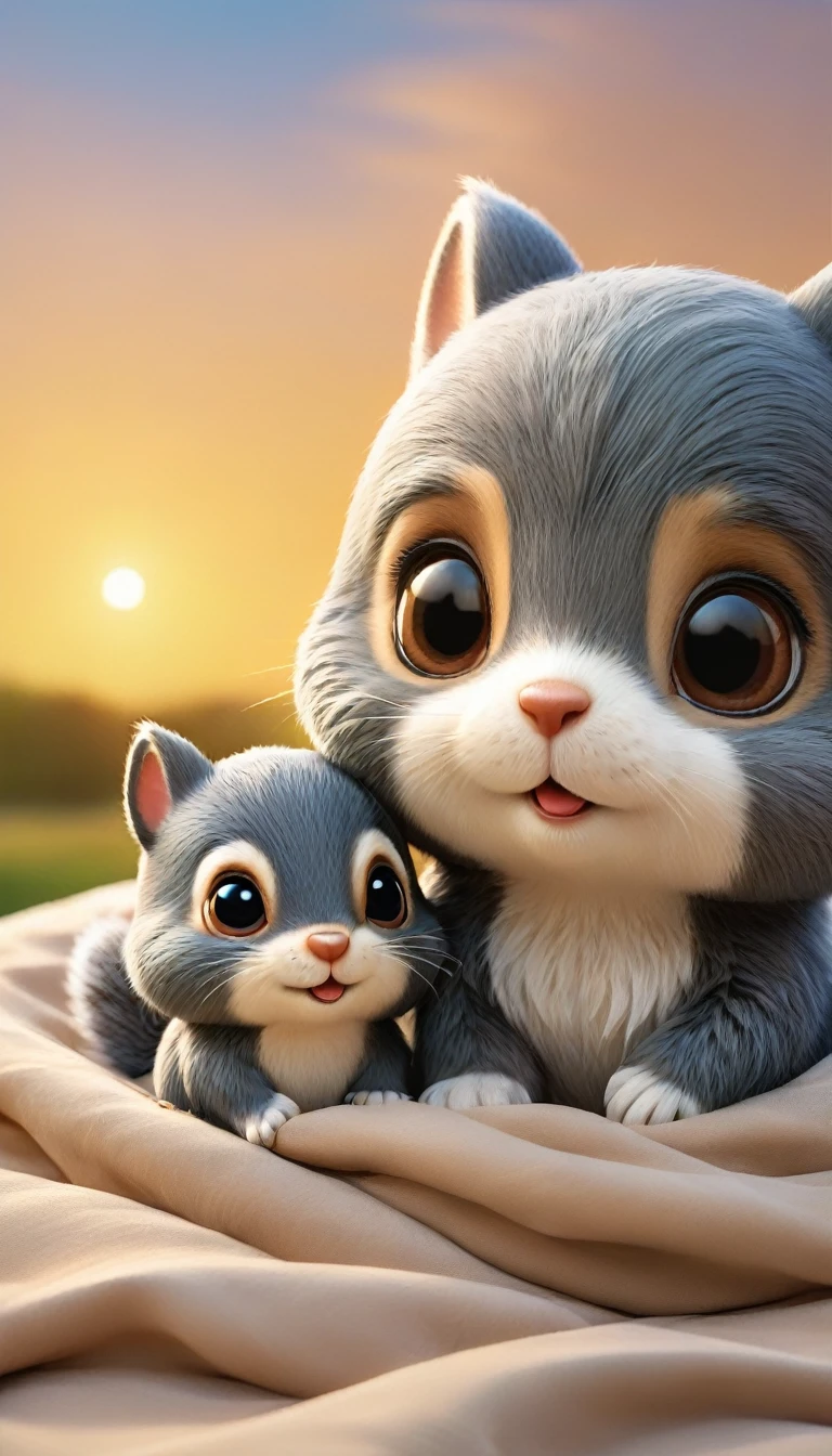 With the sunset in the background,(masterpiece:1.2, high quality), Two baby squirrels sleeping together in bed、