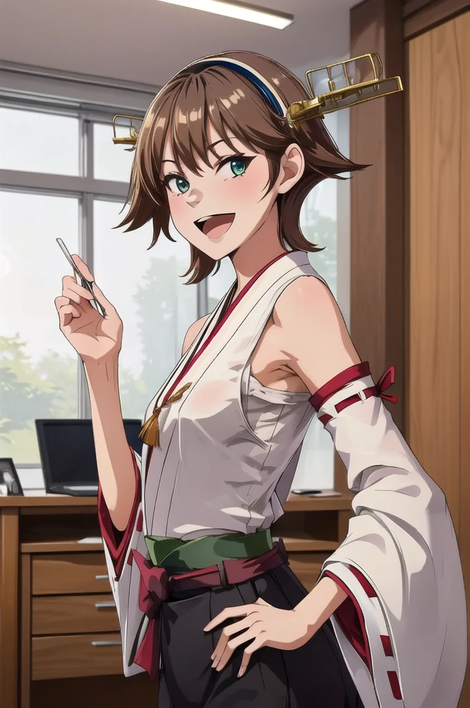 Highest quality, masterpiece, High resolution, 一人in, {Hiei Kai-2_Fleet Collection:1.15}, brown_hair, short_hair, hairband, headgear, Non-traditional_Shrine maiden, smile, green_eye, Inverted up_hair, Open_mouth, One girl, independent_sleeve, Japanese_Clothes, Looking_in_Audience, ribbon-trimmed_sleeve, ribbon_trim, whole body, , (indoor, office, living room),