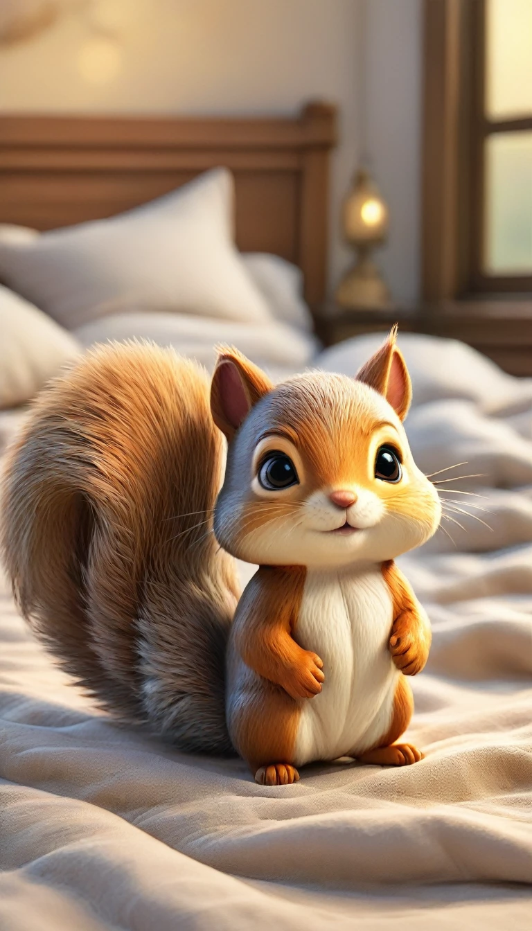 With the sunset in the background,(masterpiece:1.2, high quality), Two baby squirrels sleeping together in bed、