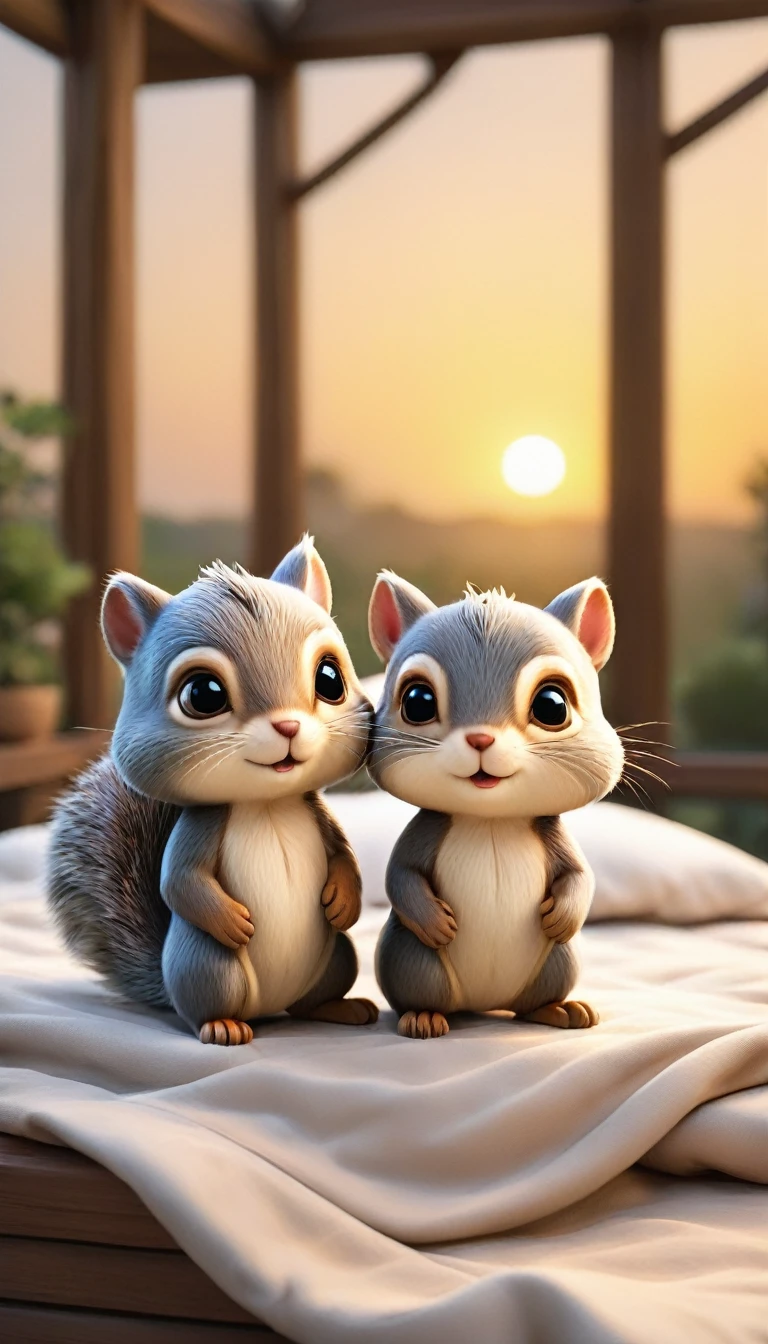 With the sunset in the background,(masterpiece:1.2, high quality), Two baby squirrels sleeping together in bed、