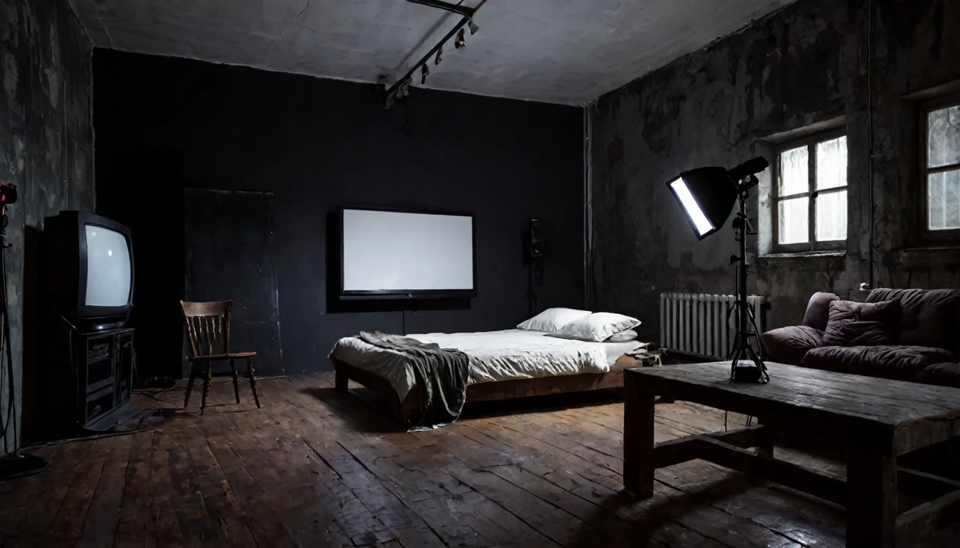 small old studio, dark environment, television, simple bed, sofa, tense atmosphere, no people in the place
