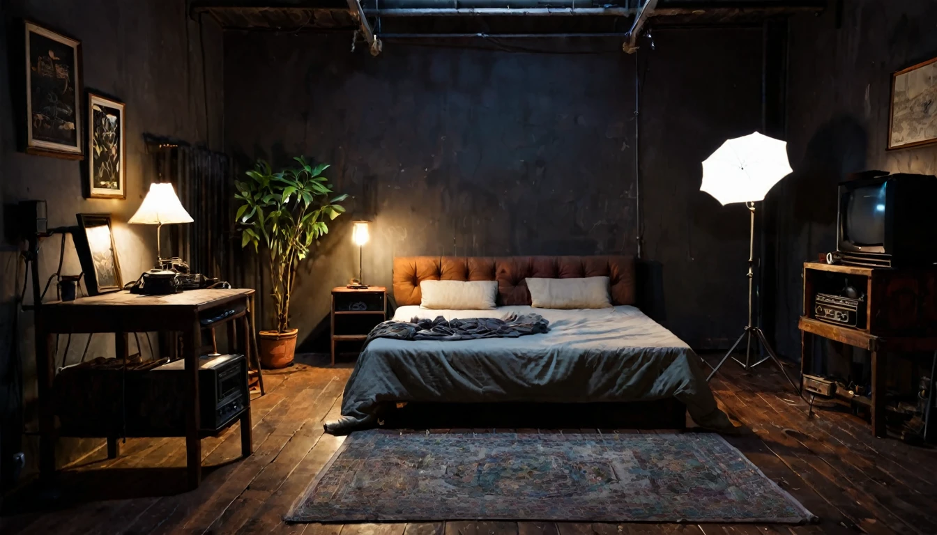 small old studio, dark environment, television, simple bed, sofa, tense atmosphere, no people in the place