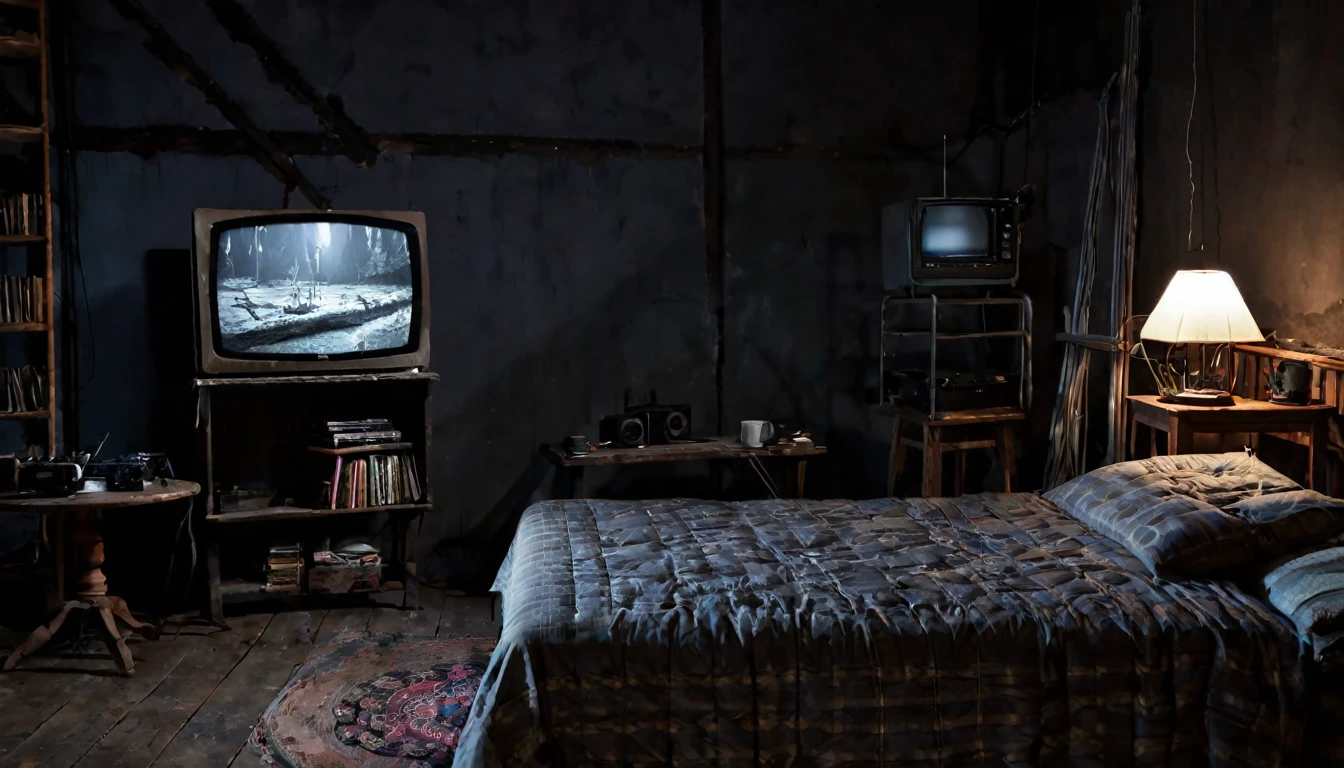 small old studio, dark environment, television, simple bed, sofa, tense atmosphere, no people in the place