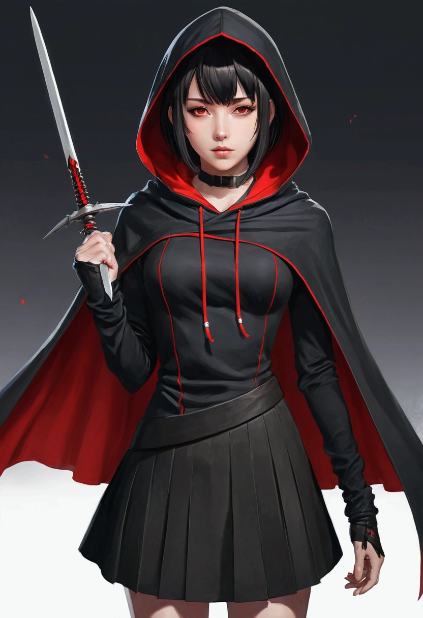 1 girl, Black hair with red tips, short hair with bangs, black dress or skirt, black large cape hood, with a kunai in his hand, anime style