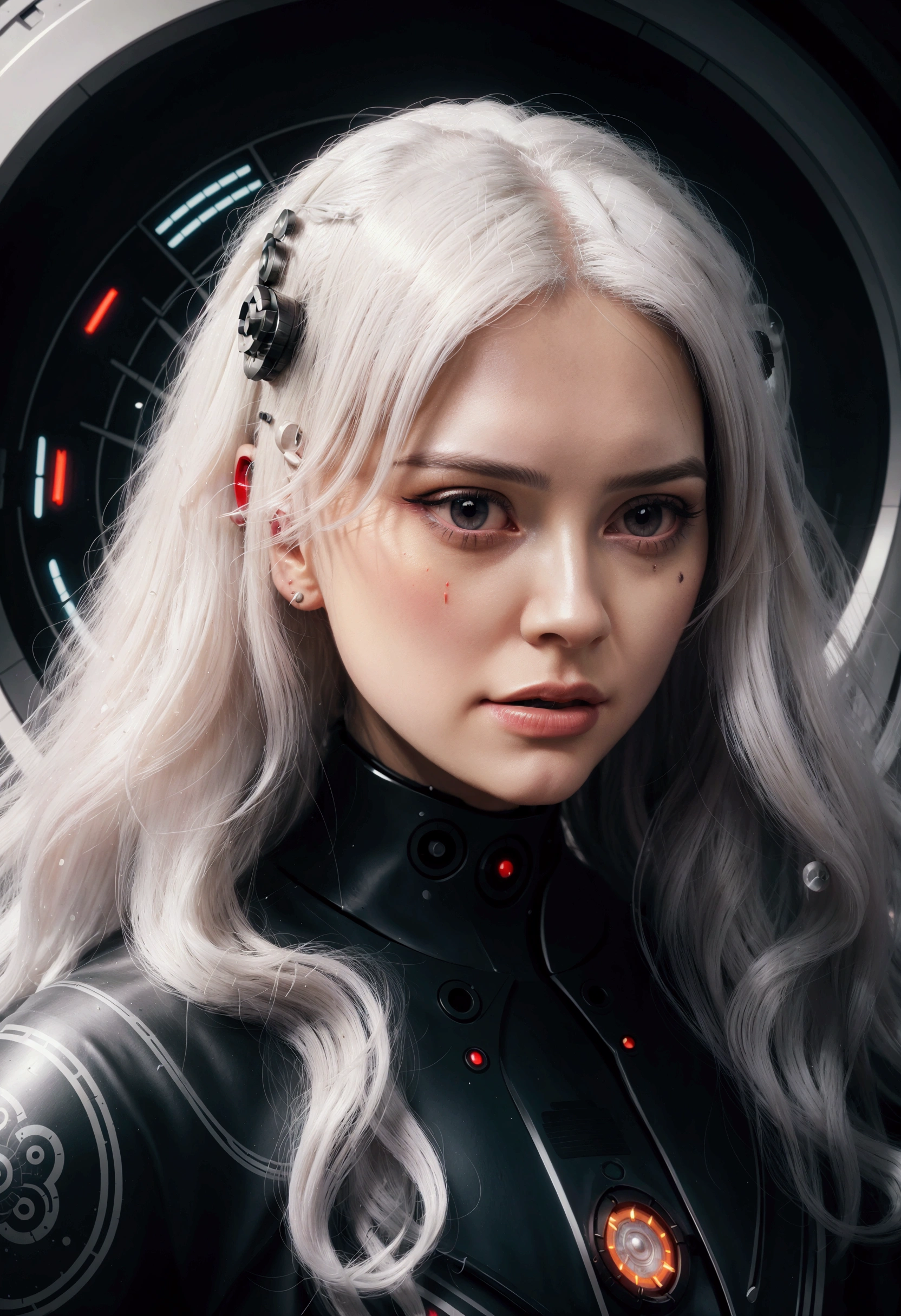 Portrait of a beautiful girl with wavy white hair, wearing a formal black dress with metal parts, red eyes, monograms in the background, digital painting, dark colors, 8k, complex details, vintage, retro futuristic style, sharp focus on the center, pastel colors, art station, (sci-fi, future, future theme), (facial expression looking with disdain), (detailed illustration)