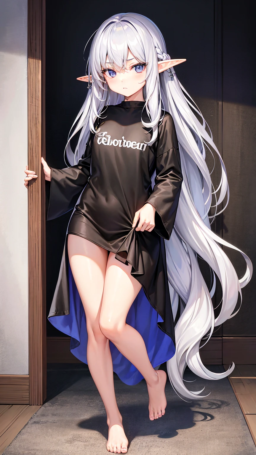 Elf Girl、8-year-old、Medium-long silver hair、Silver Eyes、Big black t-shirt、No bottoms worn、barefoot、Seductive expression、whole body、Standing posture