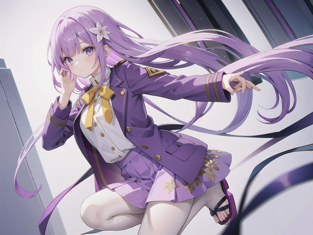 a girl with long, light purple hair, light blue eyes, who has a burgundy blouse with long-sleeved yellow buttons, who has a long jacket that reaches to her feet and that has a flower pattern and that is light purple, have a short burgundy skirt, have white tights and have purple flip flops